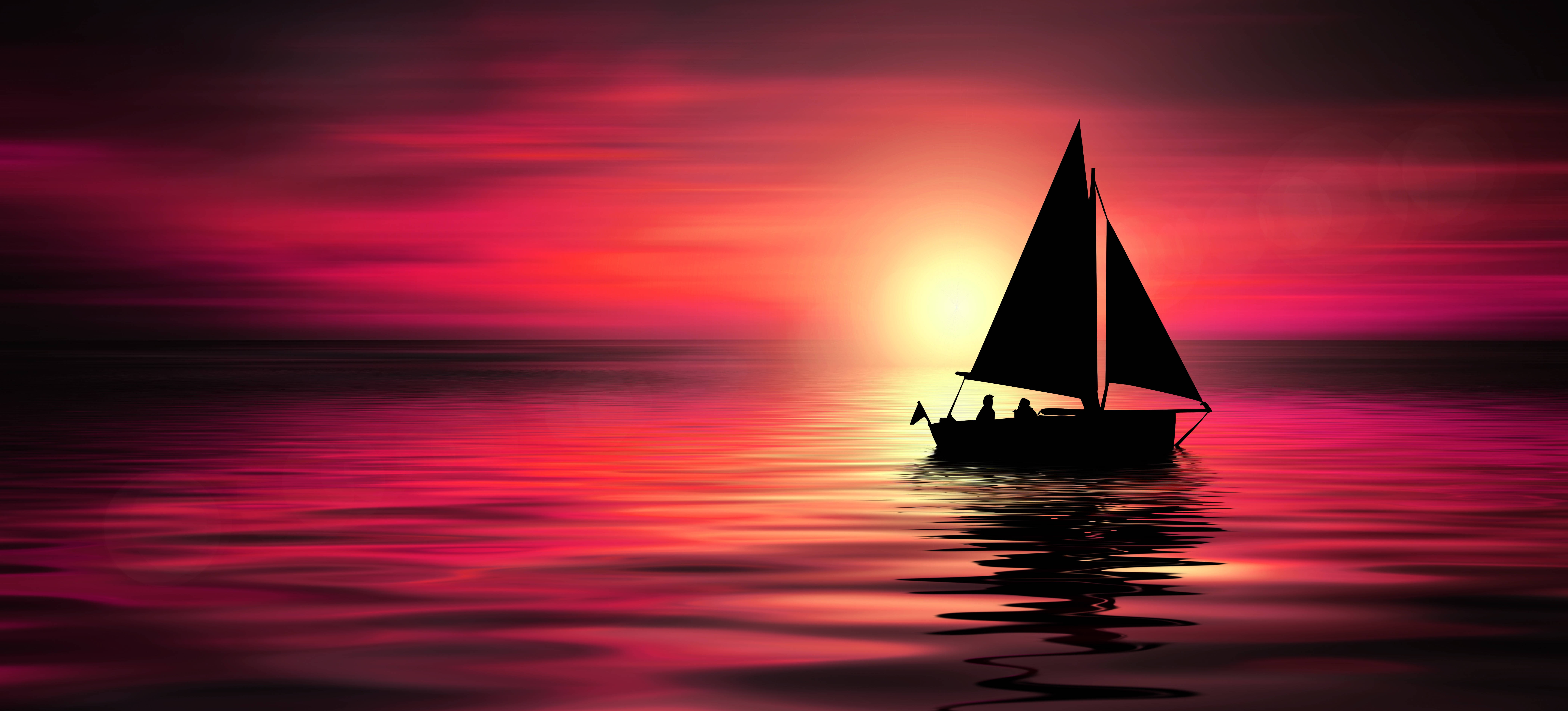 sailboat, two people, calm sea, 8K Desktop Wallpaper