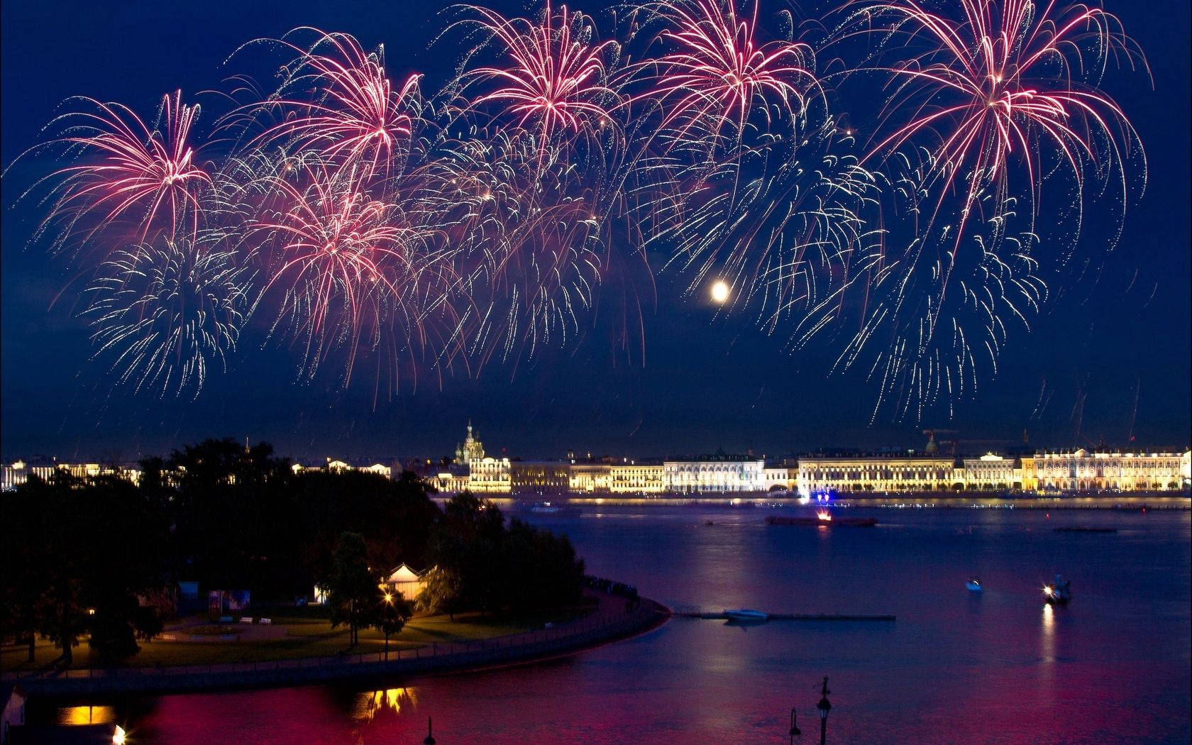 pink fireworks, moonlit river, illuminated palace skyline, HD Desktop Wallpaper