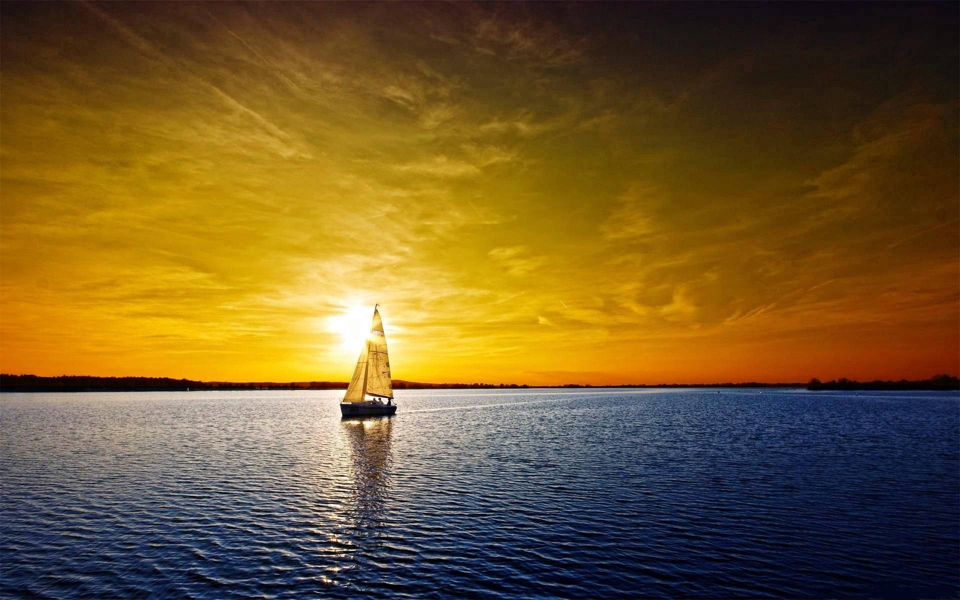 sailboat, calm waters, fiery sunset sky, Full HD Desktop Wallpaper