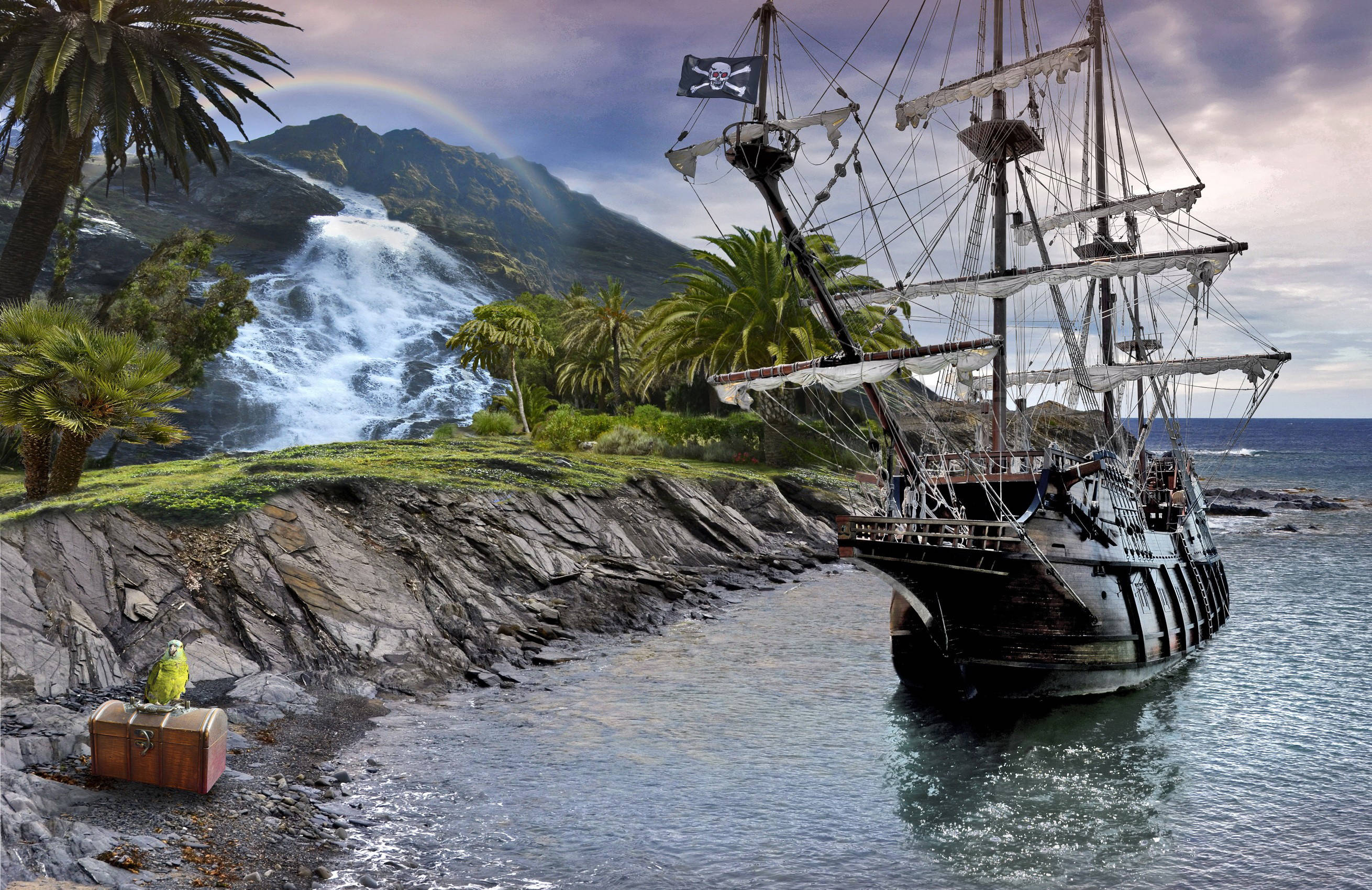 pirate ship, skull flag, tropical cove, 2K Desktop Wallpaper