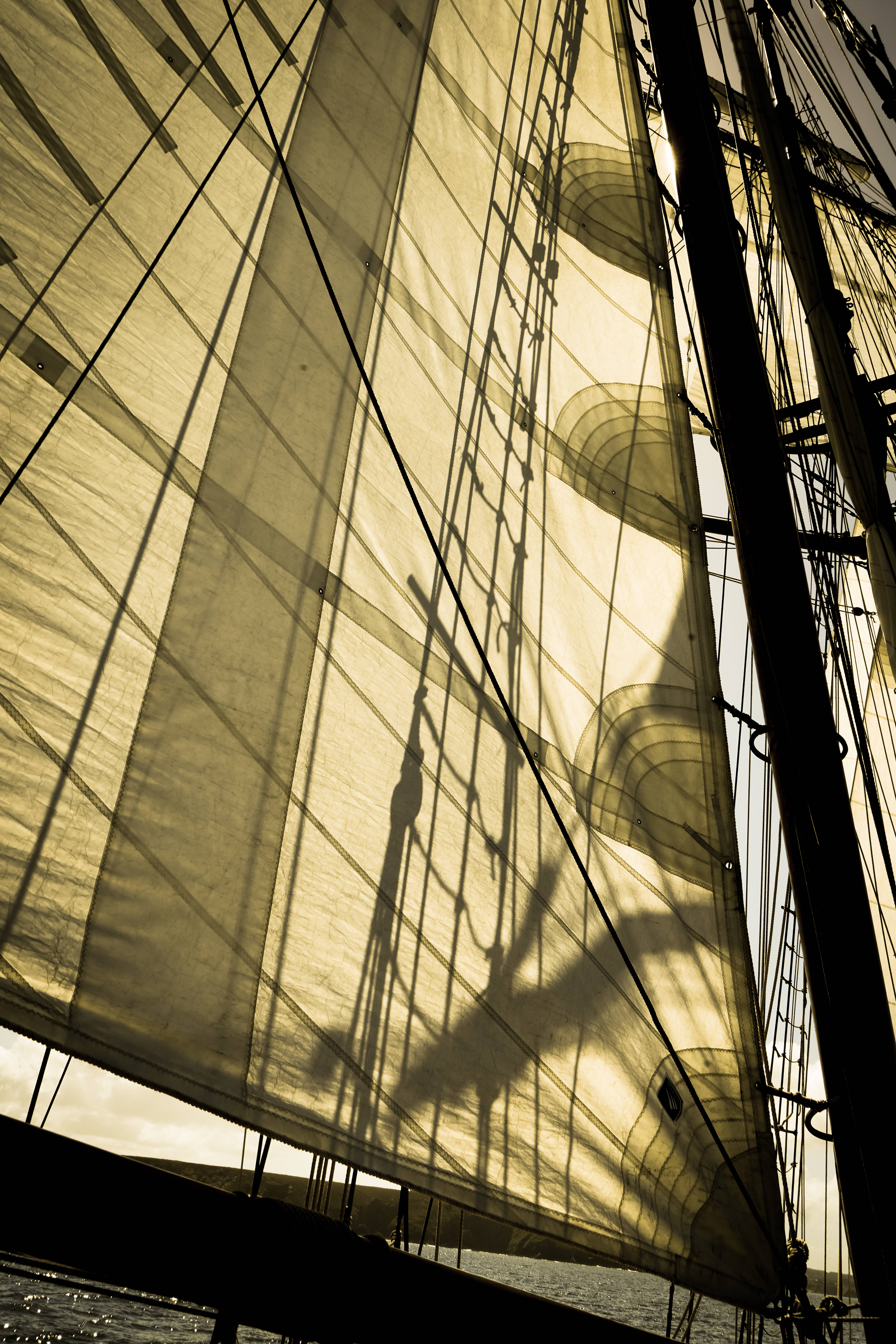 Sailing Masts Shadows, sailboat, golden light, 5K Phone Wallpaper