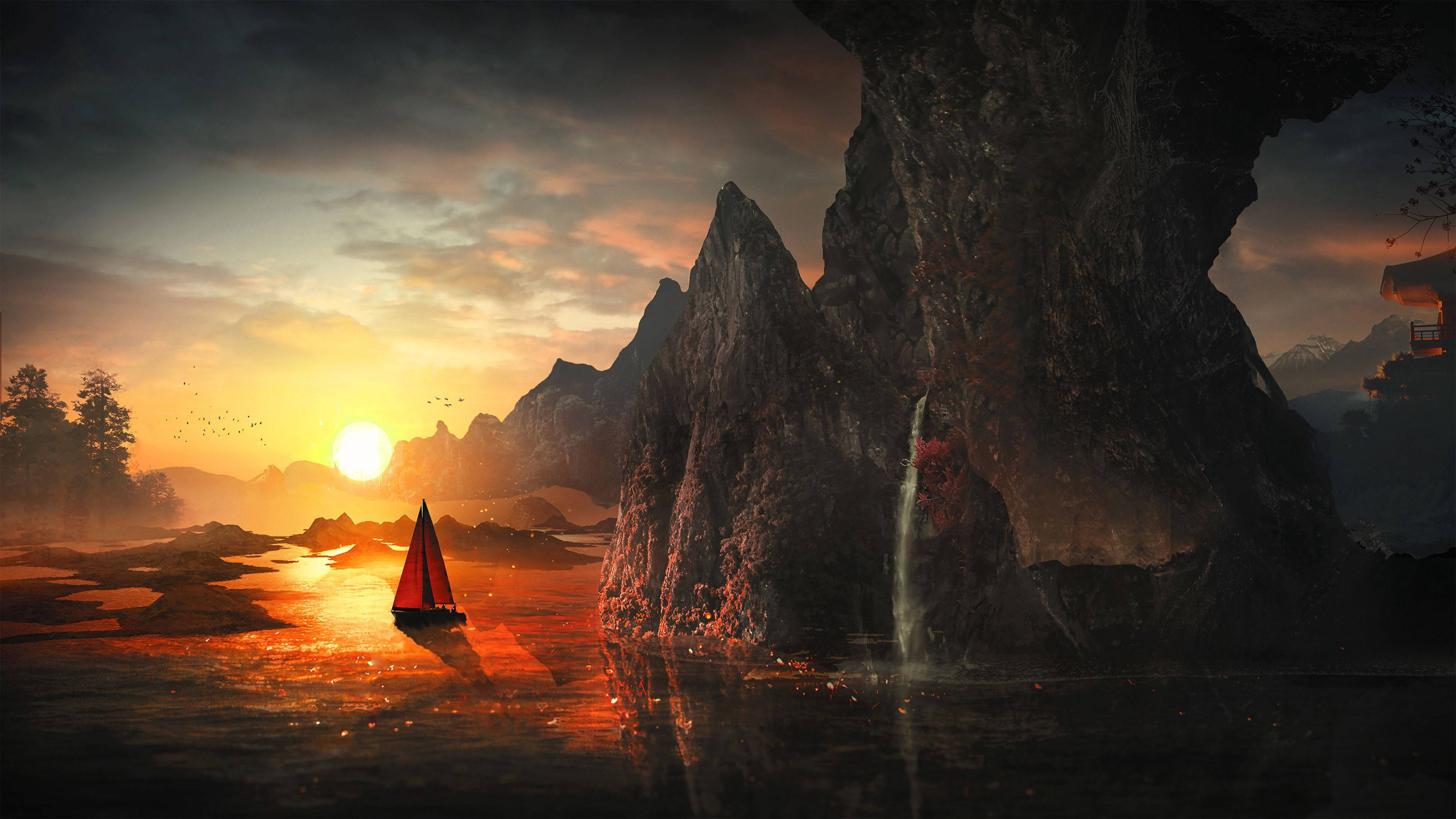 Fantasy Rock, red sailboat, misty lake, 4K Desktop Wallpaper