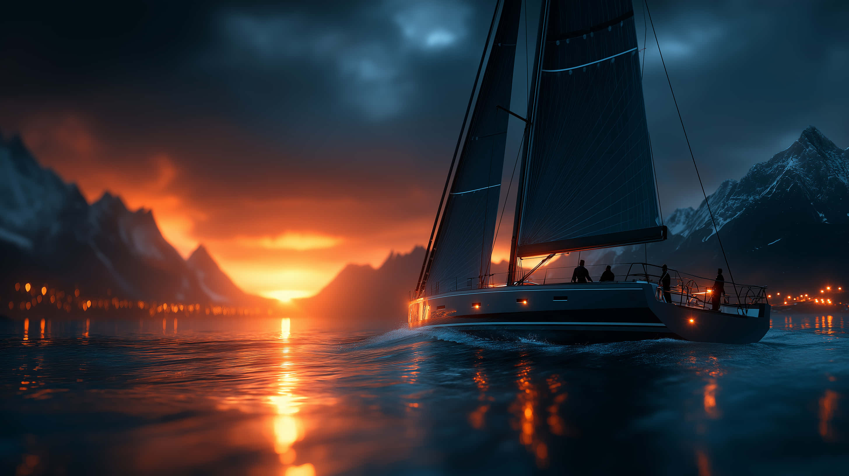 sleek sailboat, choppy waters, dramatic sunset, 2K Desktop Wallpaper