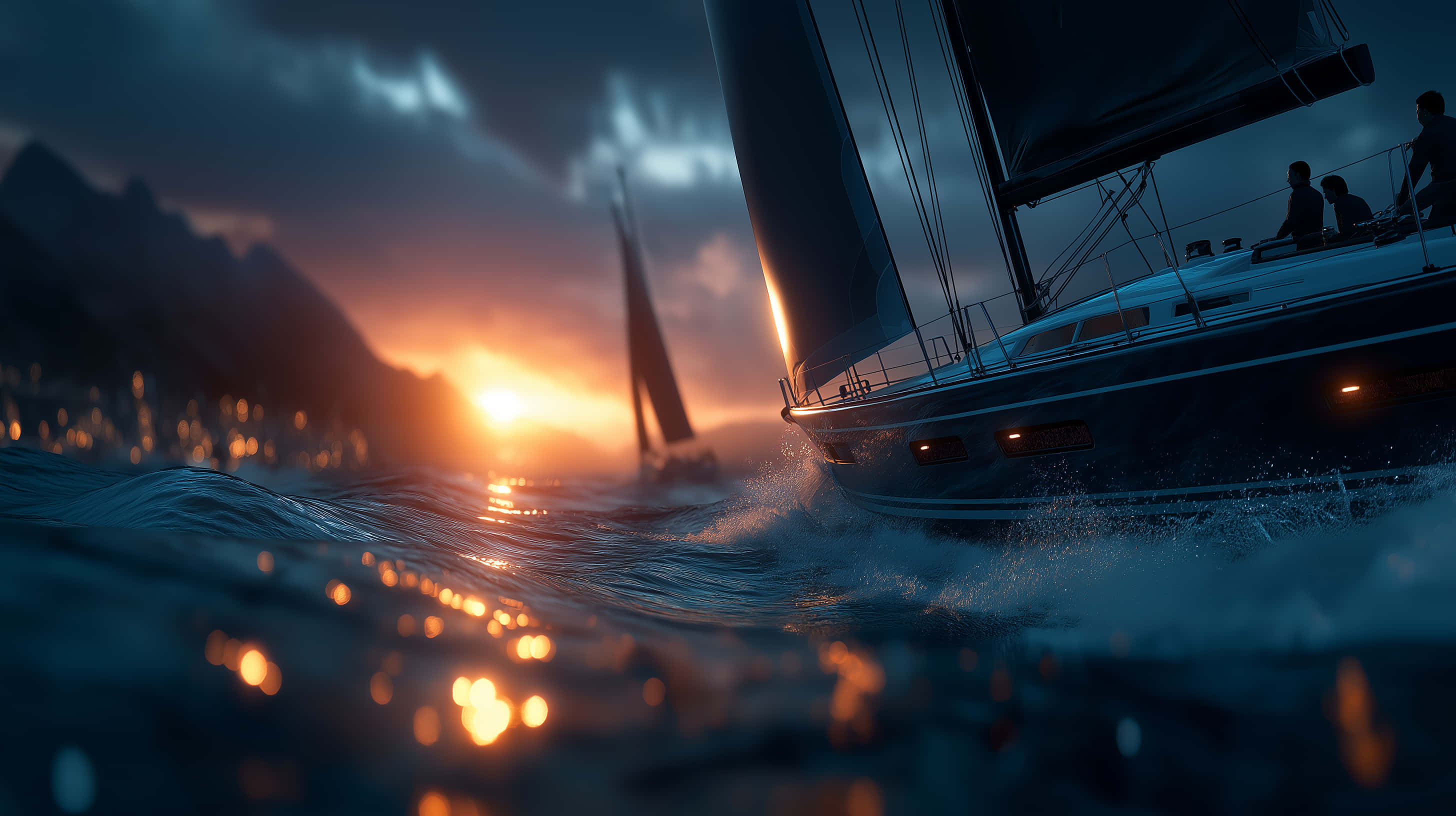 sailboat, dynamic waves, dramatic sunset, 2K Desktop Wallpaper