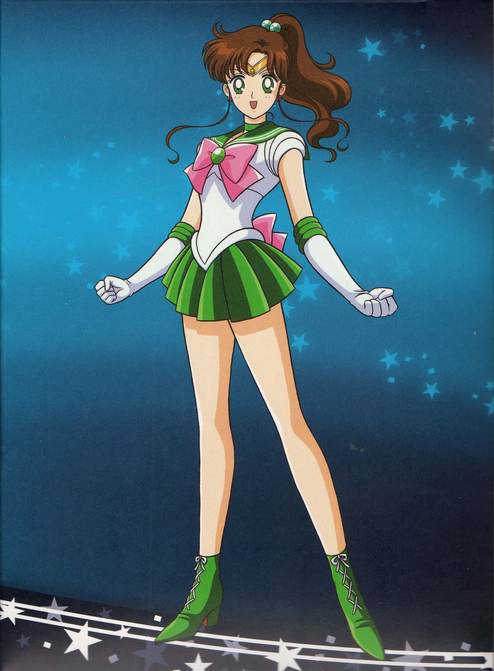 Sailor Jupiter, green and white sailor uniform, starry blue background, Full HD Phone Wallpaper
