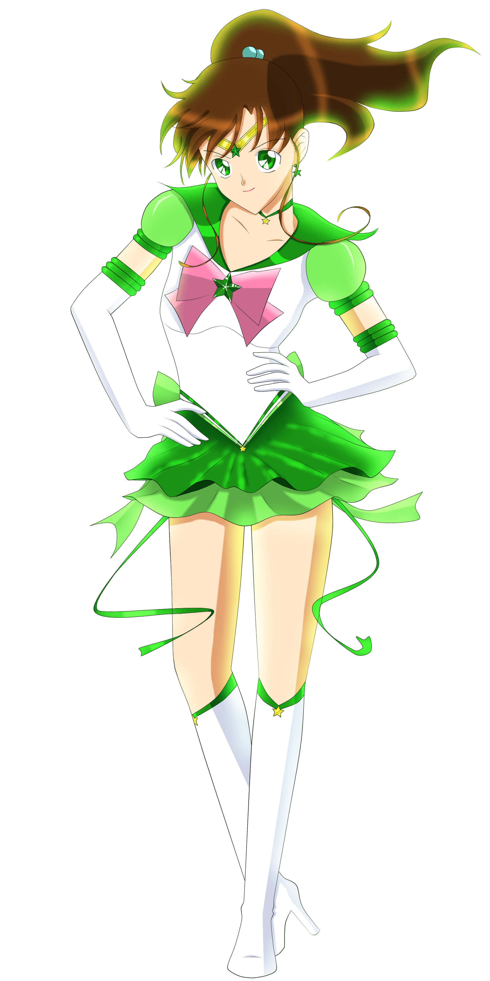 Sailor Jupiter, green and white sailor uniform, pink bow, 2K Phone Wallpaper