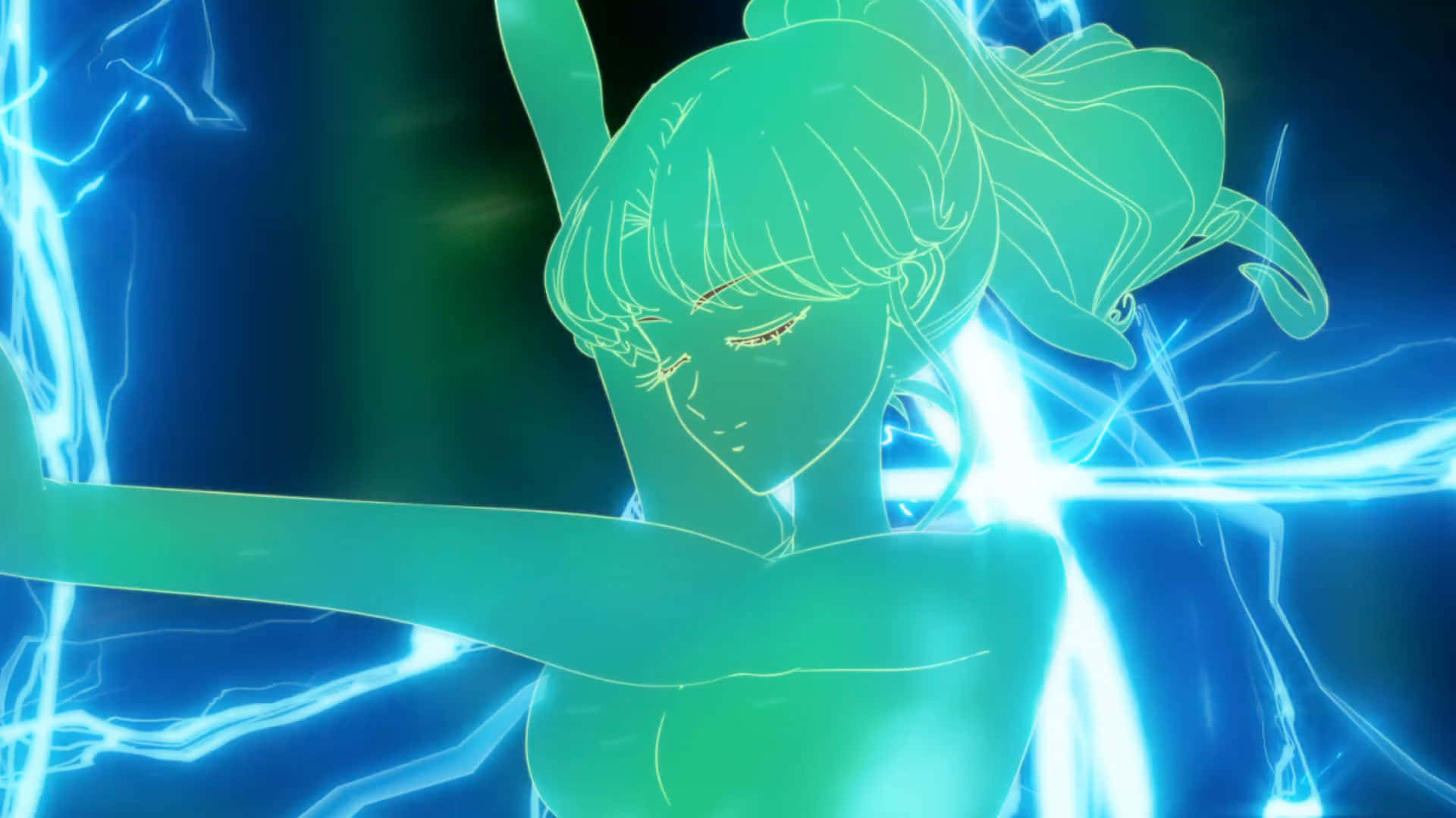 Sailor Jupiter, green hair, electric blue energy, Full HD Desktop Wallpaper