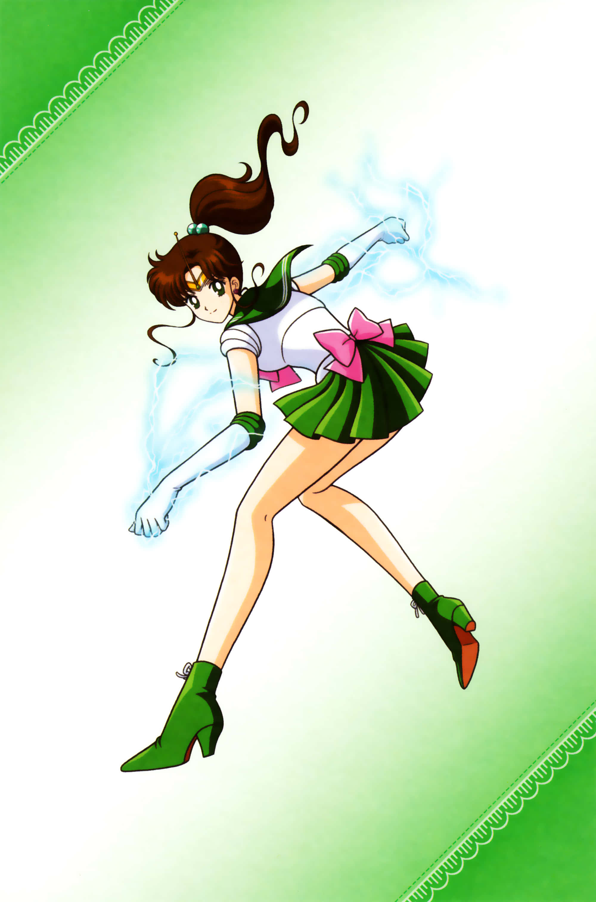 Sailor Jupiter, green and white uniform, glowing blue energy aura, 2K Phone Wallpaper