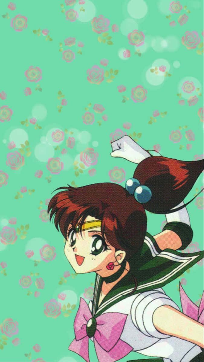 Sailor Jupiter, mint green floral background, bokeh effects, SD Phone Wallpaper