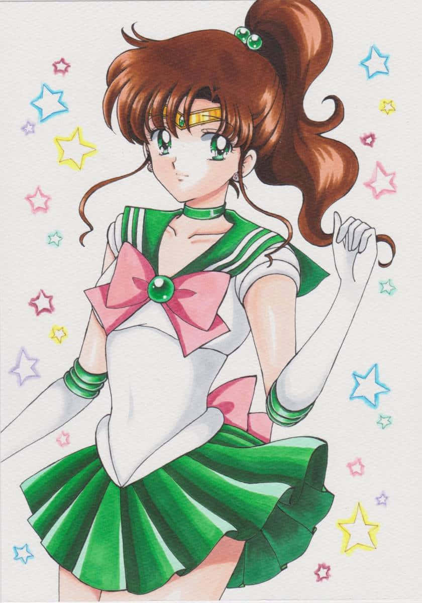 Sailor Jupiter, green and white sailor uniform, pink bow, SD Phone Wallpaper