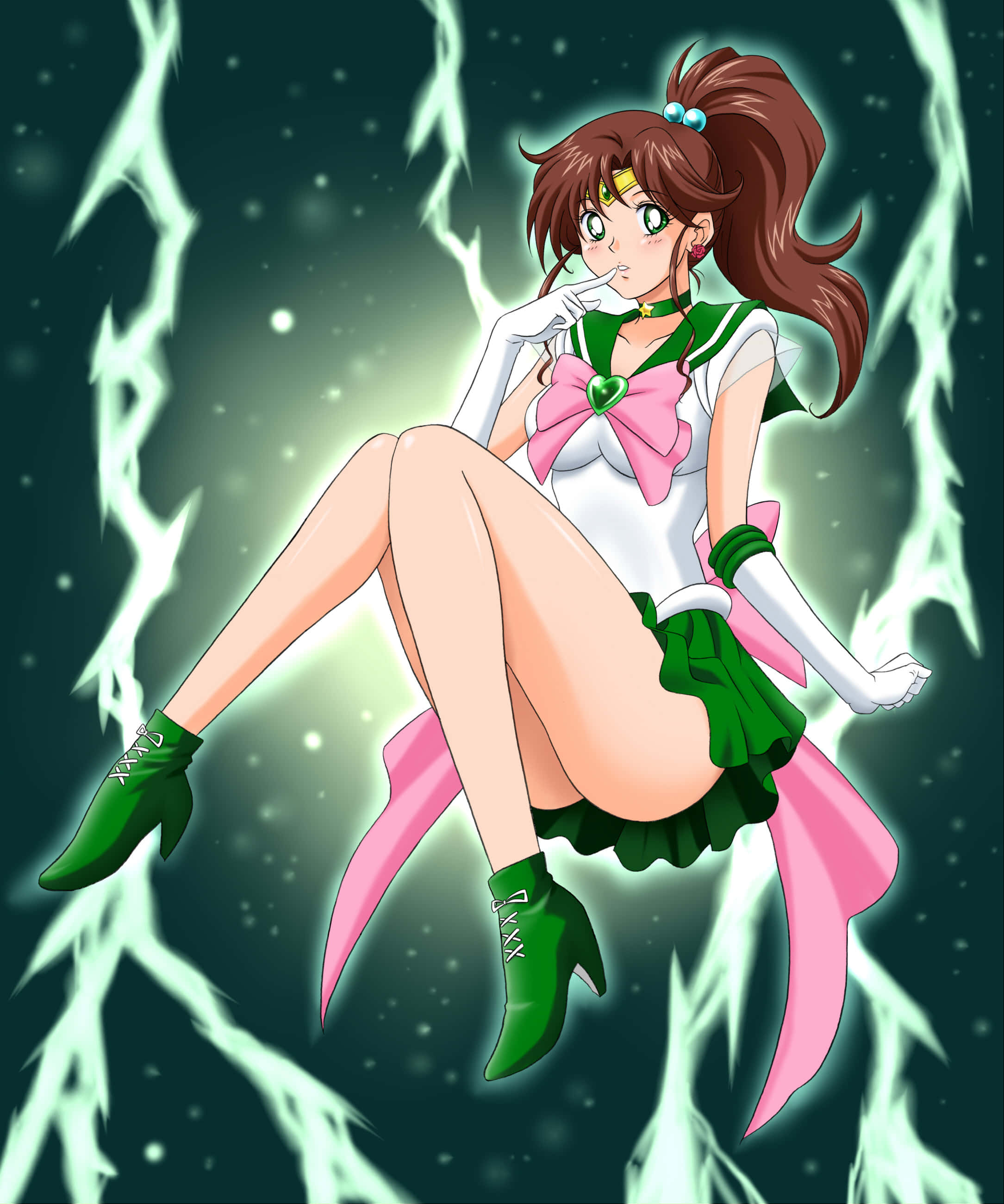Sailor Jupiter, green and pink sailor outfit, glowing green energy, 2K Phone Wallpaper