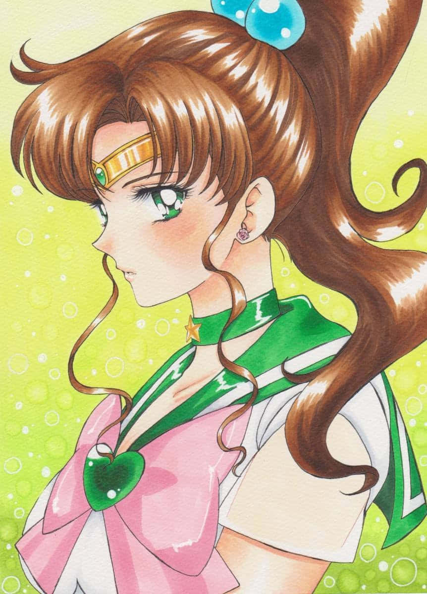 Sailor Jupiter, pink and green sailor uniform, bubbly lime green background, SD Phone Wallpaper