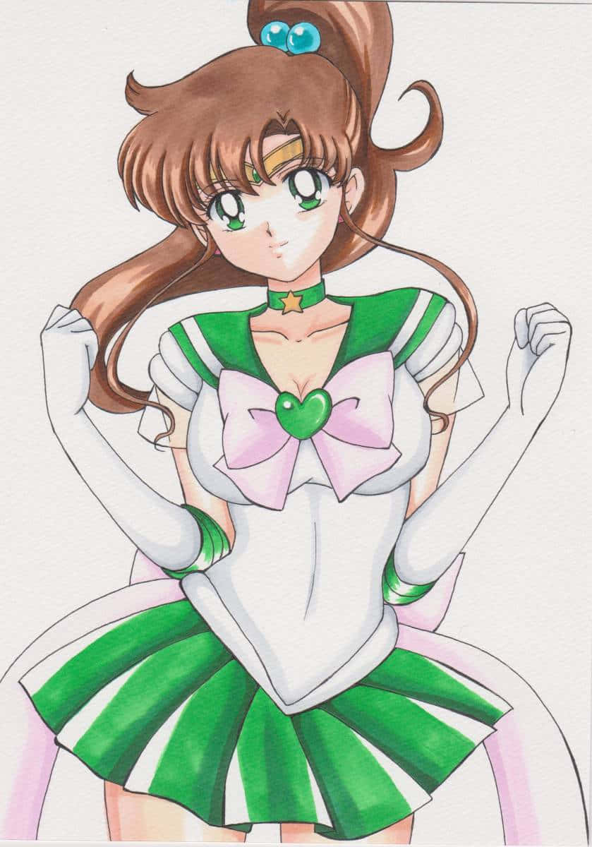 Sailor Jupiter, green and white sailor uniform, pink bow, SD Phone Wallpaper