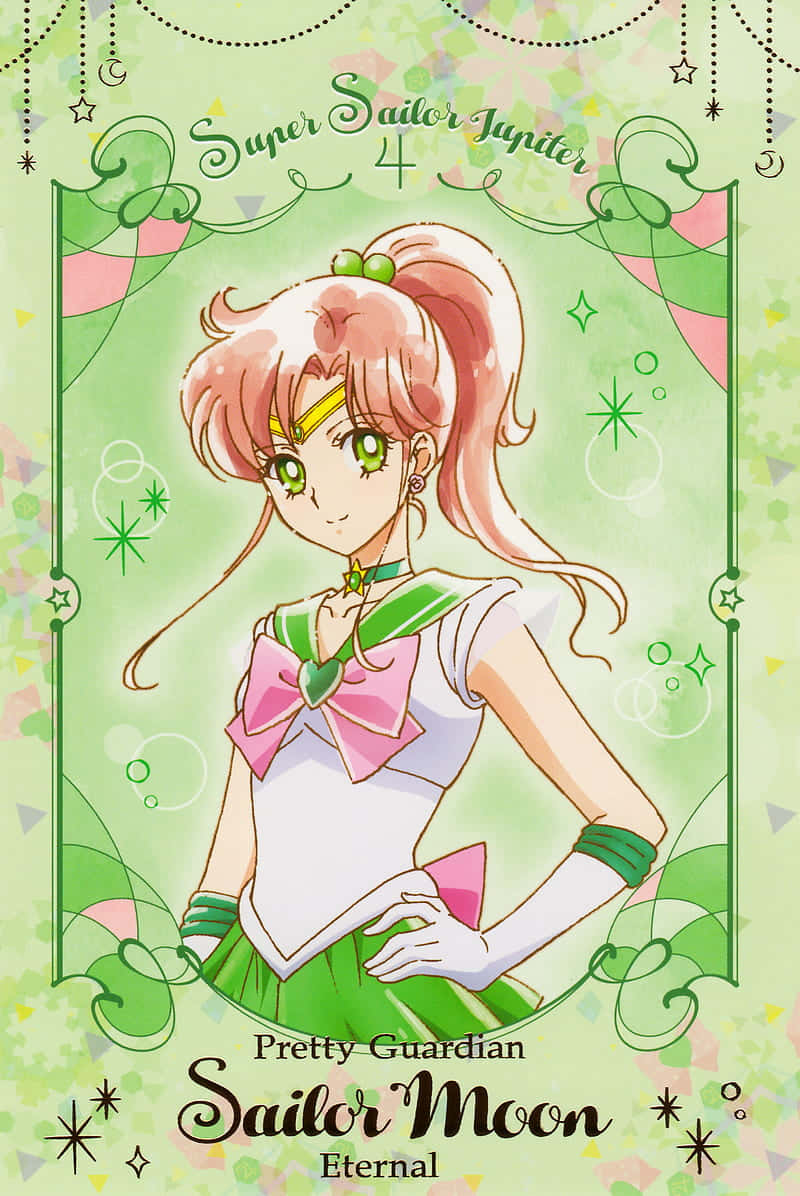 Sailor Jupiter, green and pink sailor uniform, sparkling light green background, SD Phone Wallpaper