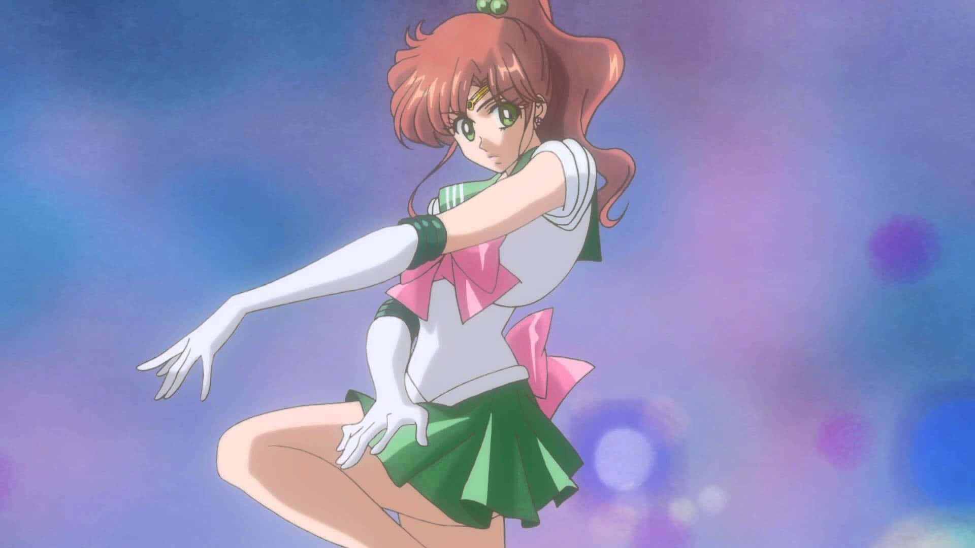 Sailor Jupiter, green and white sailor uniform, dreamy purple blue bokeh background, Full HD Desktop Wallpaper