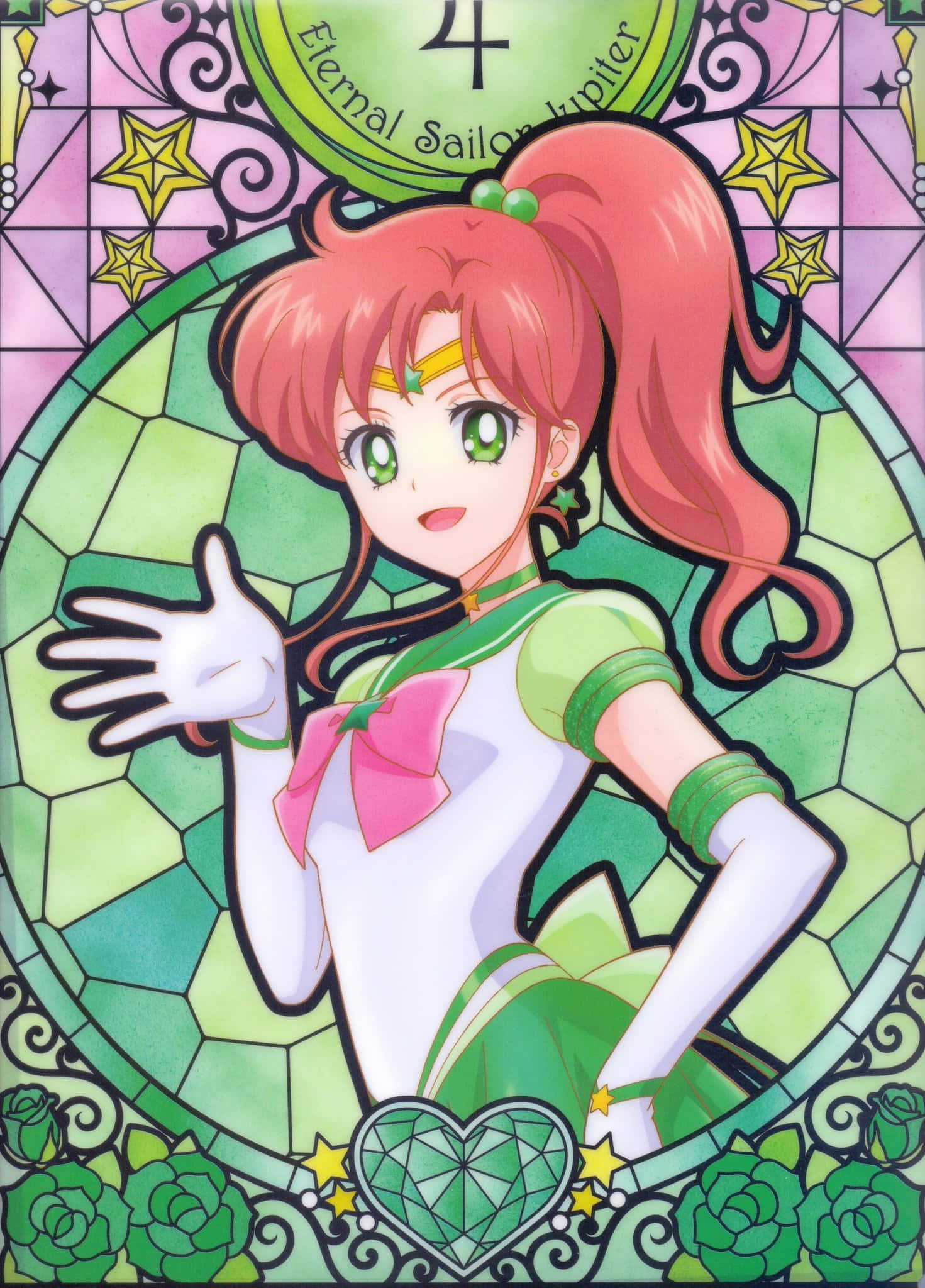 Sailor Jupiter, stained glass frame, green roses, Full HD Phone Wallpaper