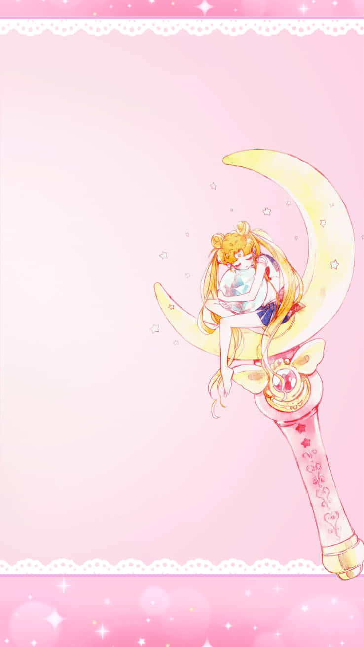 sailor moon, crescent moon staff, pink background, HD Phone Wallpaper