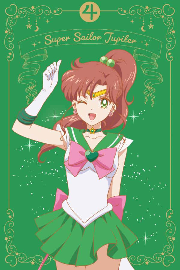 Sailor Jupiter, green and white sailor uniform, sparkling green background, SD Phone Wallpaper