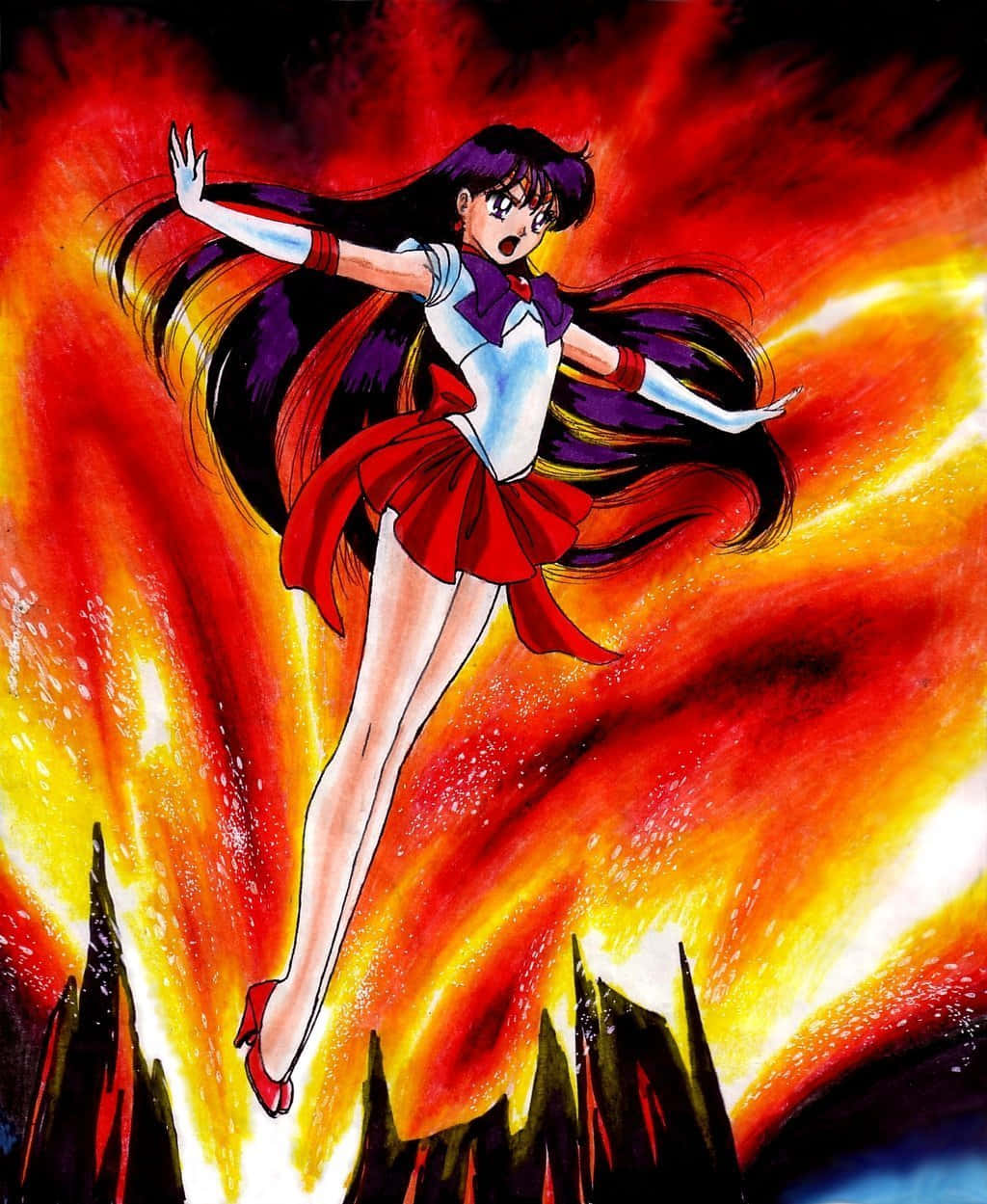 Sailor Mars, red skirt, white top, SD Phone Wallpaper