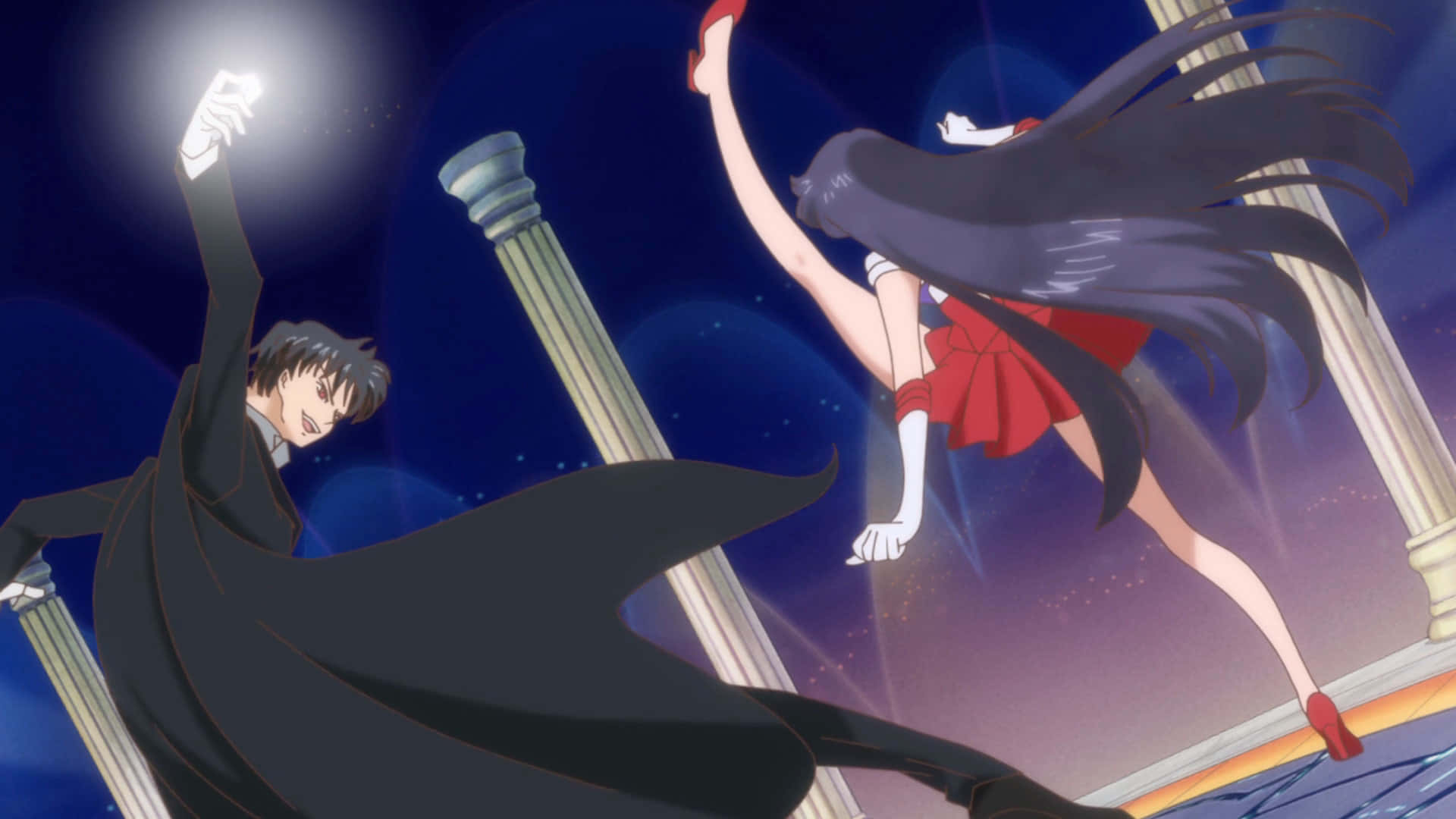 Sailor Mars, dark-robed figure, red-clad girl, Full HD Desktop Wallpaper