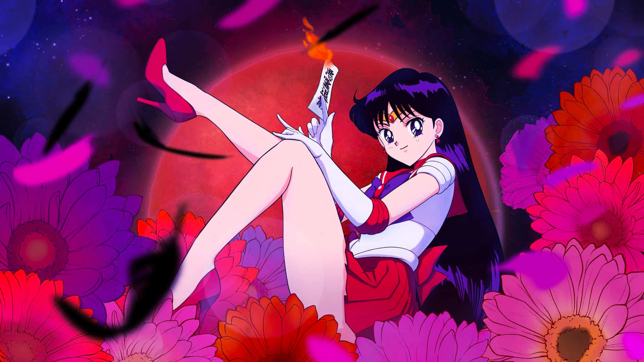 Sailor Mars, sailor uniform, vibrant pink and red flowers, Full HD Desktop Wallpaper