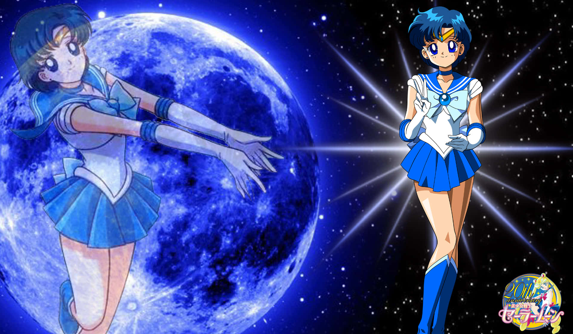 Sailor Mercury, blue sailor uniform, starry night sky, Full HD Desktop Wallpaper
