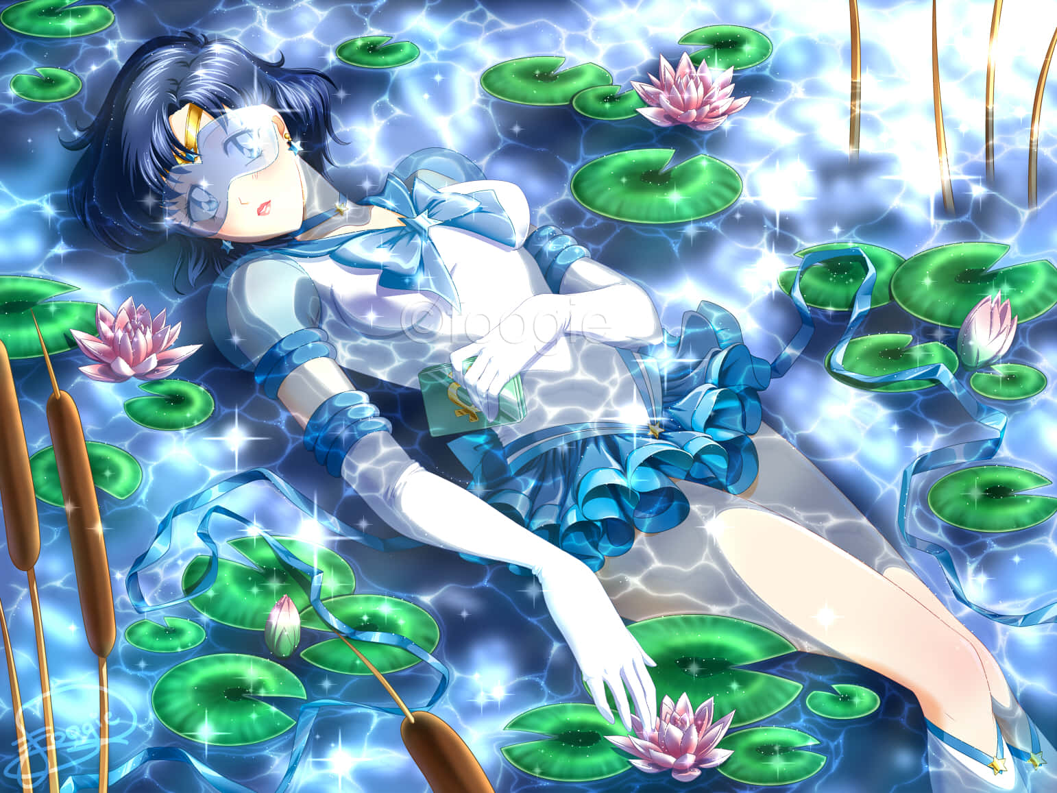 Sailor Mercury, blue sailor outfit, glowing lily pads, HD Desktop Wallpaper