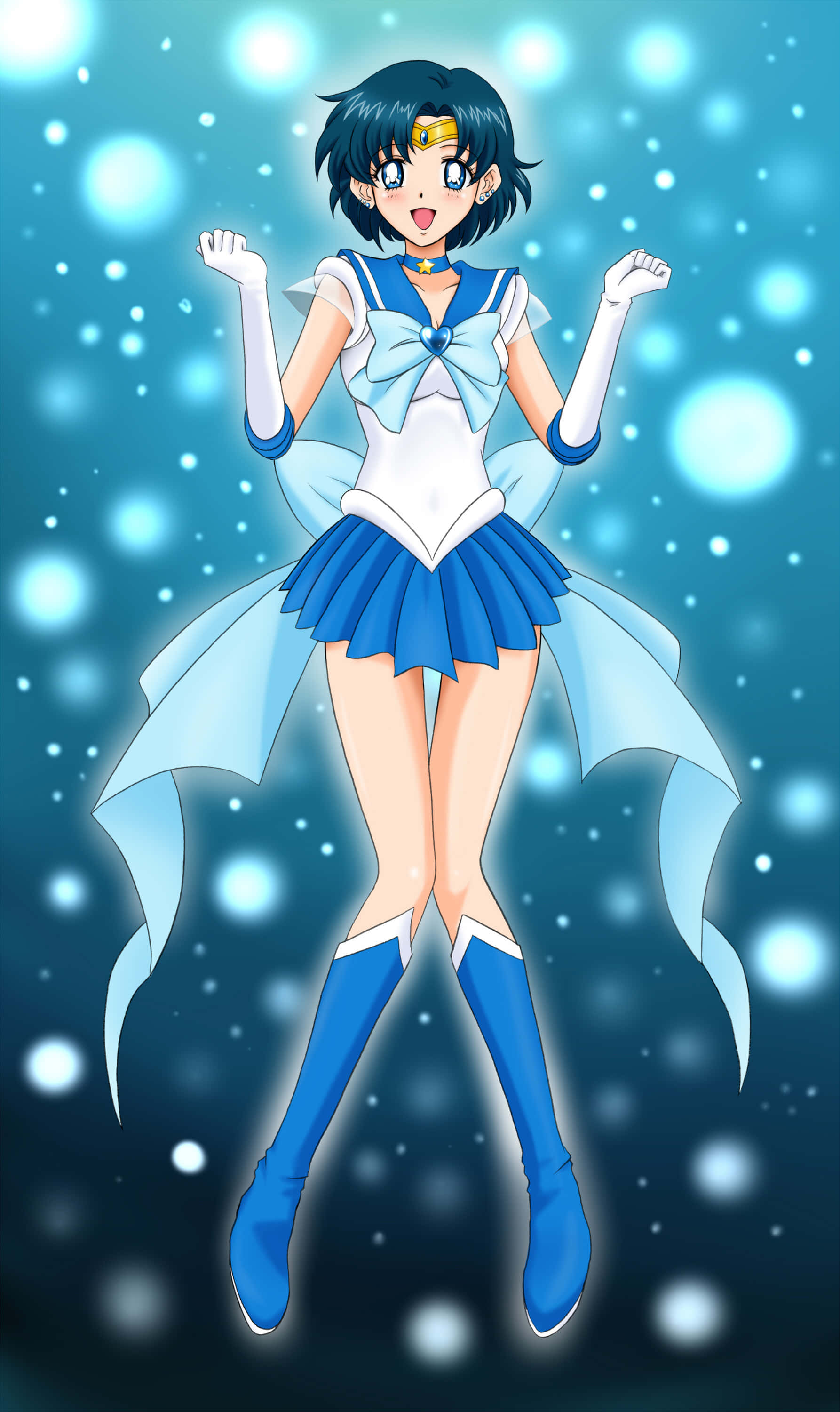 Sailor Mercury, blue and white sailor uniform, glowing orbs, 2K Phone Wallpaper