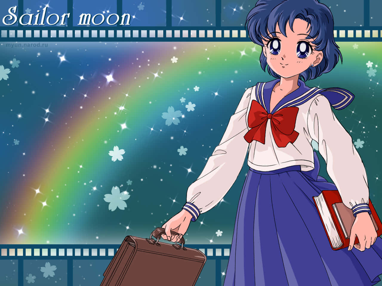 Sailor Mercury, sailor uniform, starry rainbow backdrop, HD Desktop Wallpaper