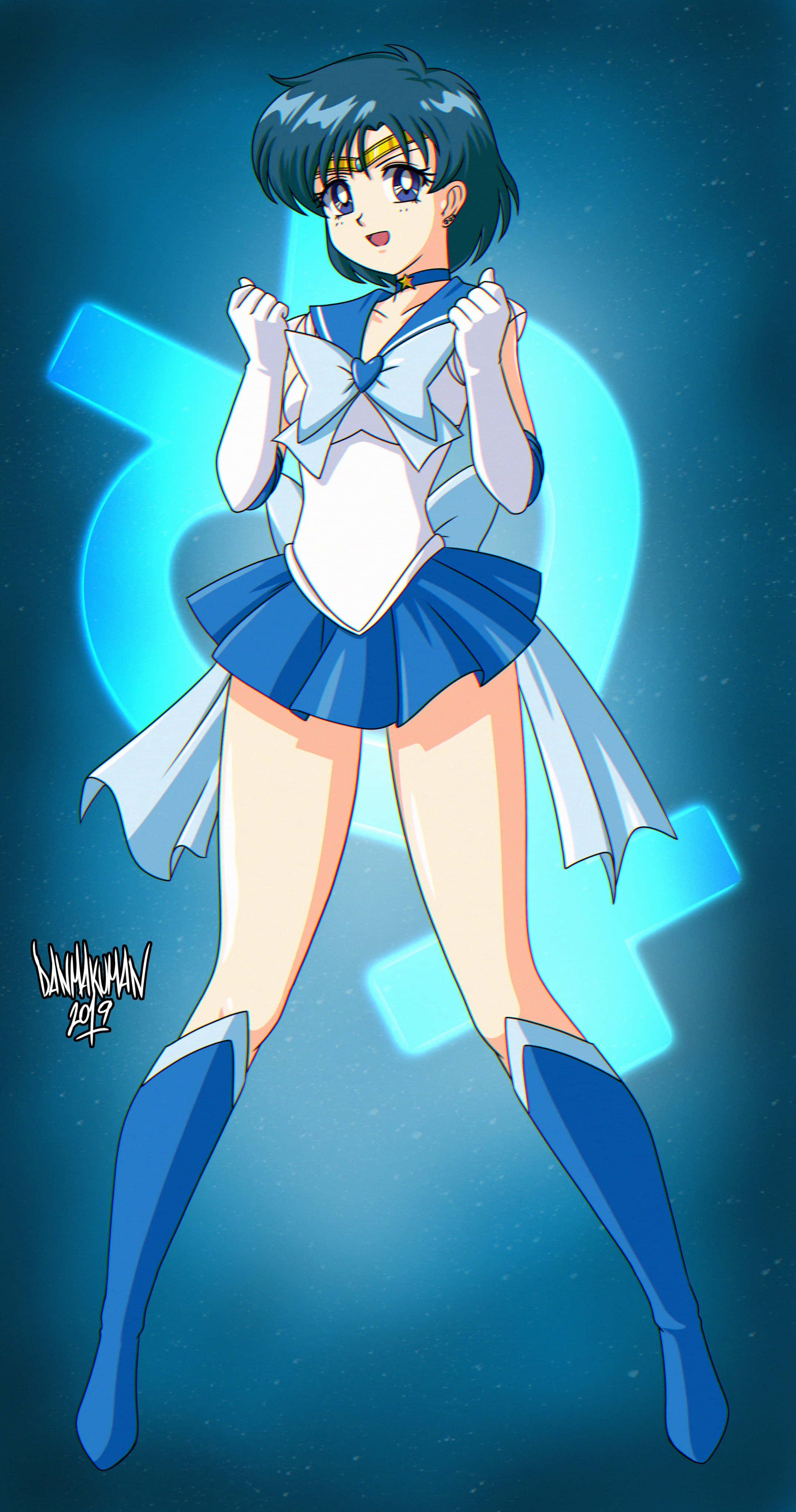 Sailor Mercury, blue and white sailor uniform, cosmic background, 4K Phone Wallpaper