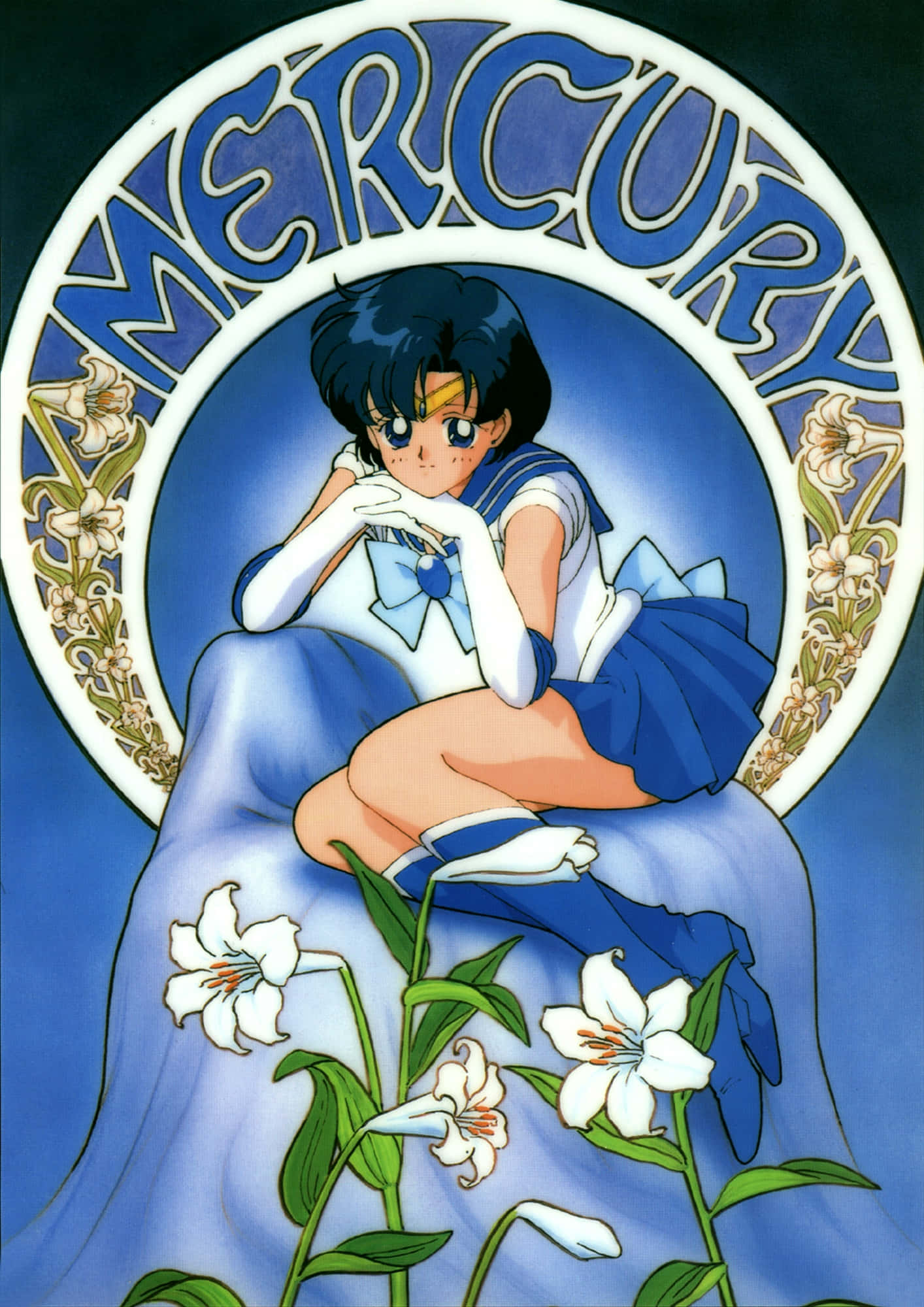 Sailor Mercury, blue circular frame, white lilies, Full HD Phone Wallpaper