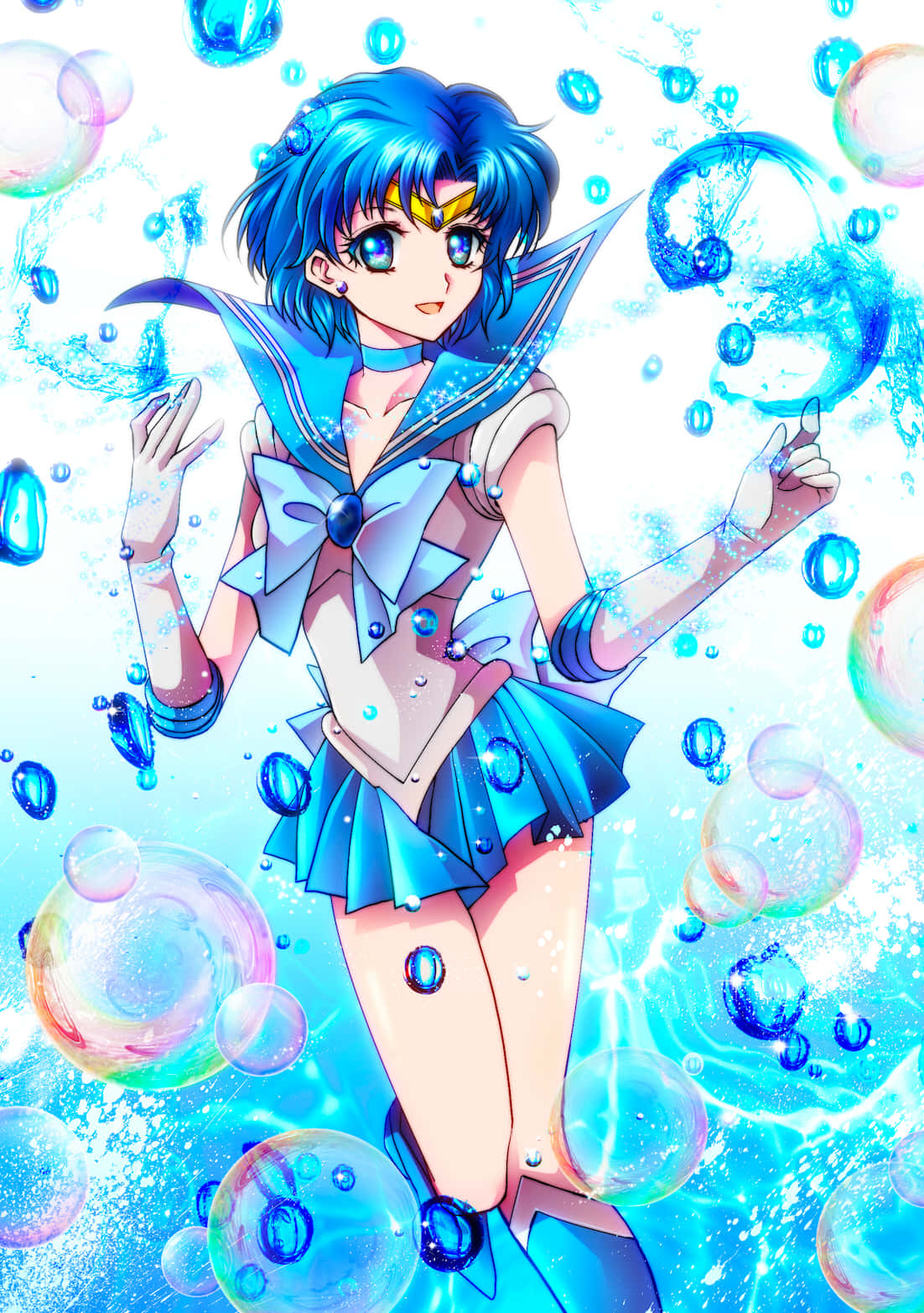 Sailor Mercury, blue sailor uniform, shimmering colorful bubbles, HD Phone Wallpaper