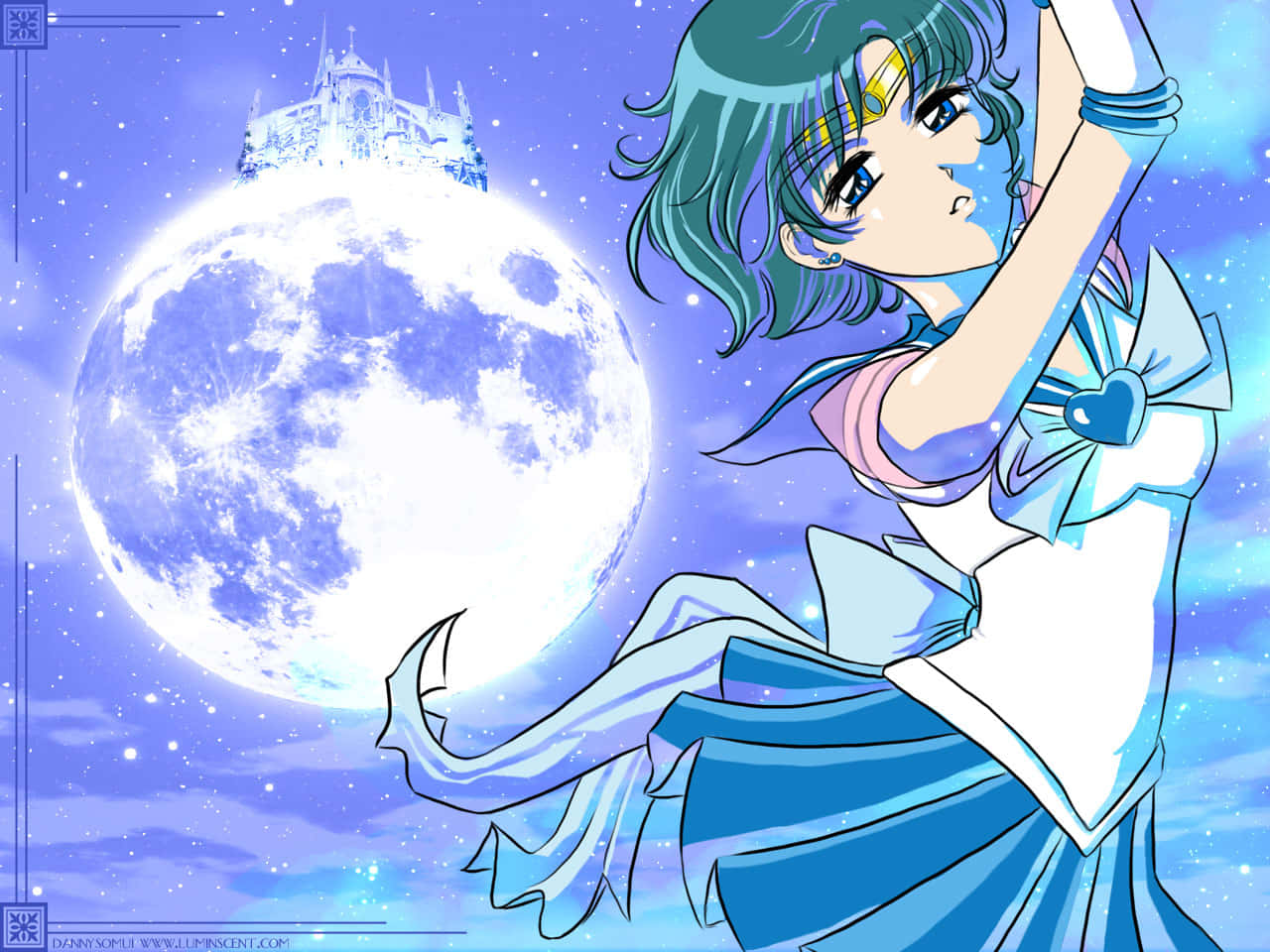 Sailor Mercury, blue sailor uniform, giant moon, HD Desktop Wallpaper