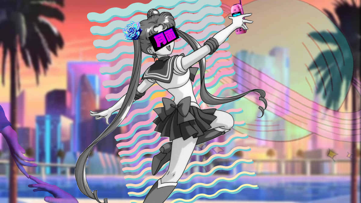 Sailor Mercury, vaporwave, neon cityscape, SD Desktop Wallpaper
