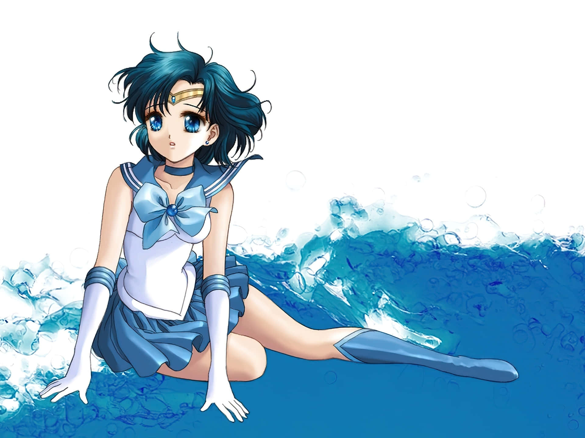 Sailor Mercury, blue sailor uniform, crashing ocean waves, Full HD Desktop Wallpaper
