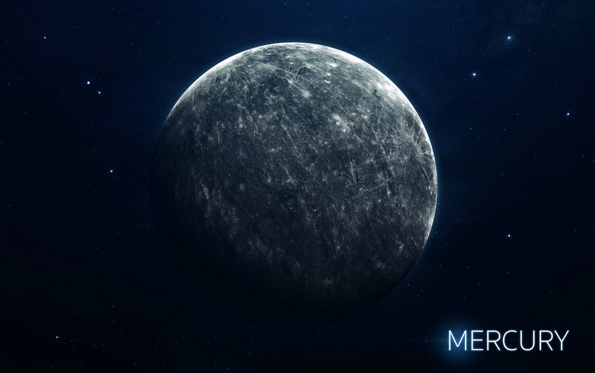 Mercury, cratered surface, starry cosmic backdrop, Full HD Desktop Wallpaper