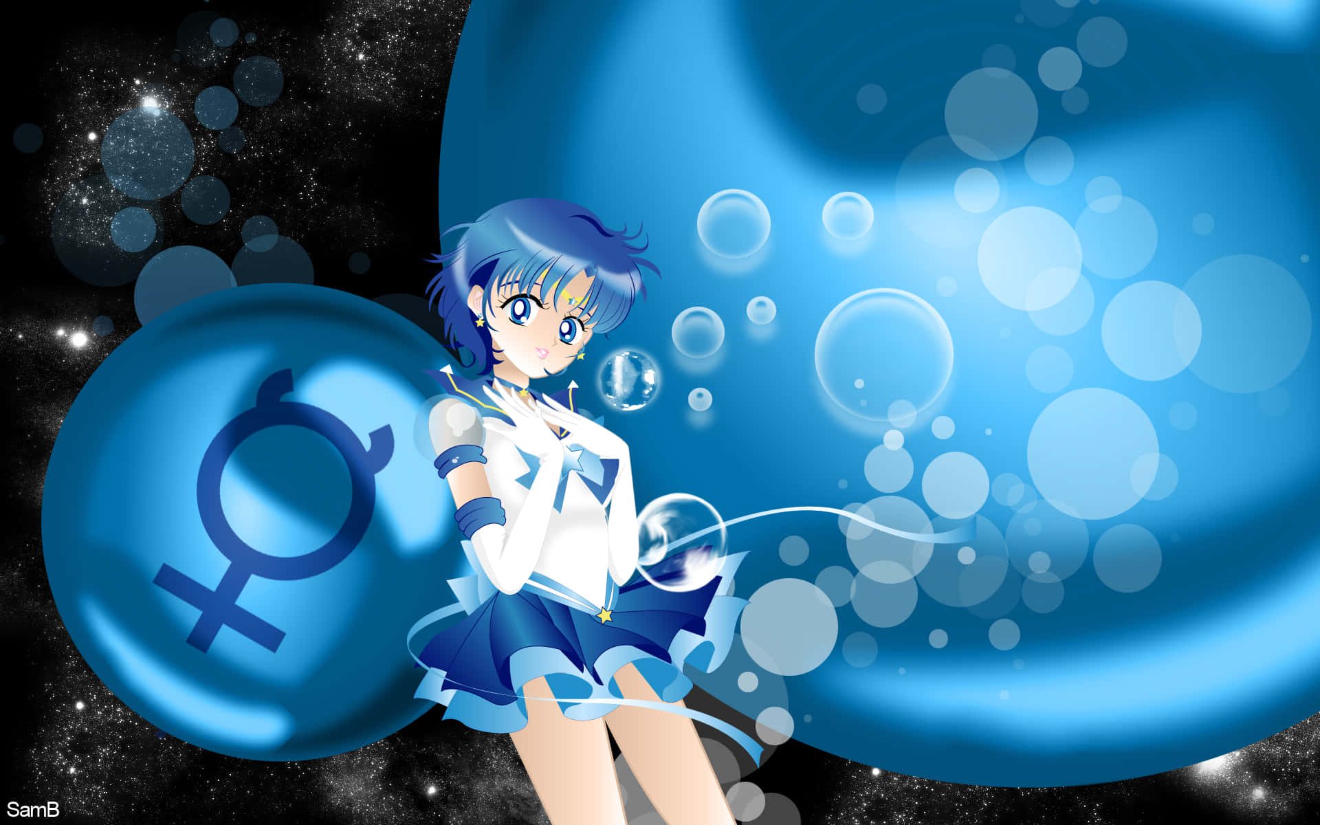 Sailor Mercury, blue sailor uniform, glowing blue sphere, Full HD Desktop Wallpaper