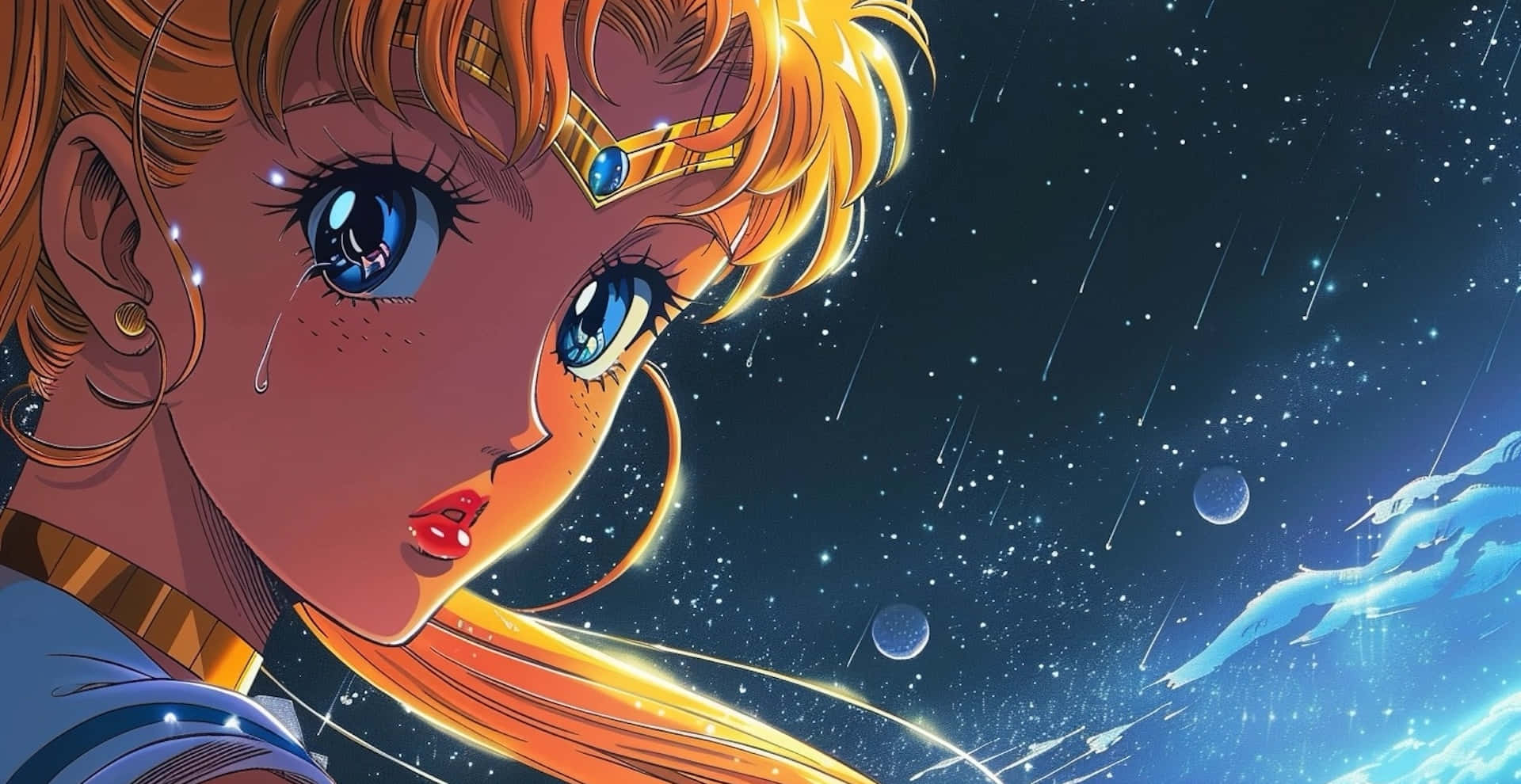 Sailor Moon, starry cosmic sky, falling meteors, Full HD Desktop Wallpaper