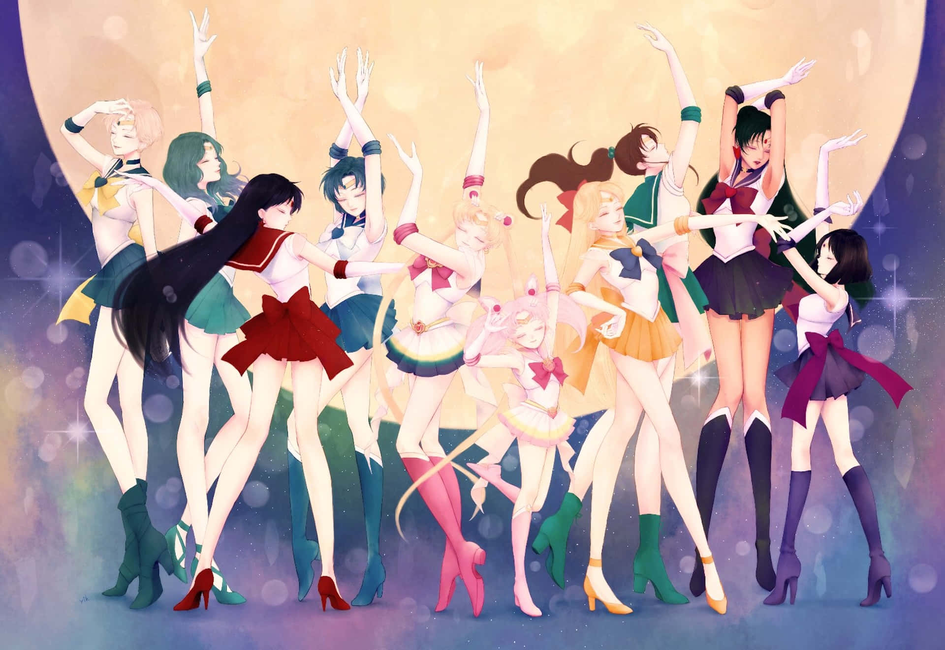 Sailor Moon, sailor uniforms, glowing moon backdrop, Full HD Desktop Wallpaper