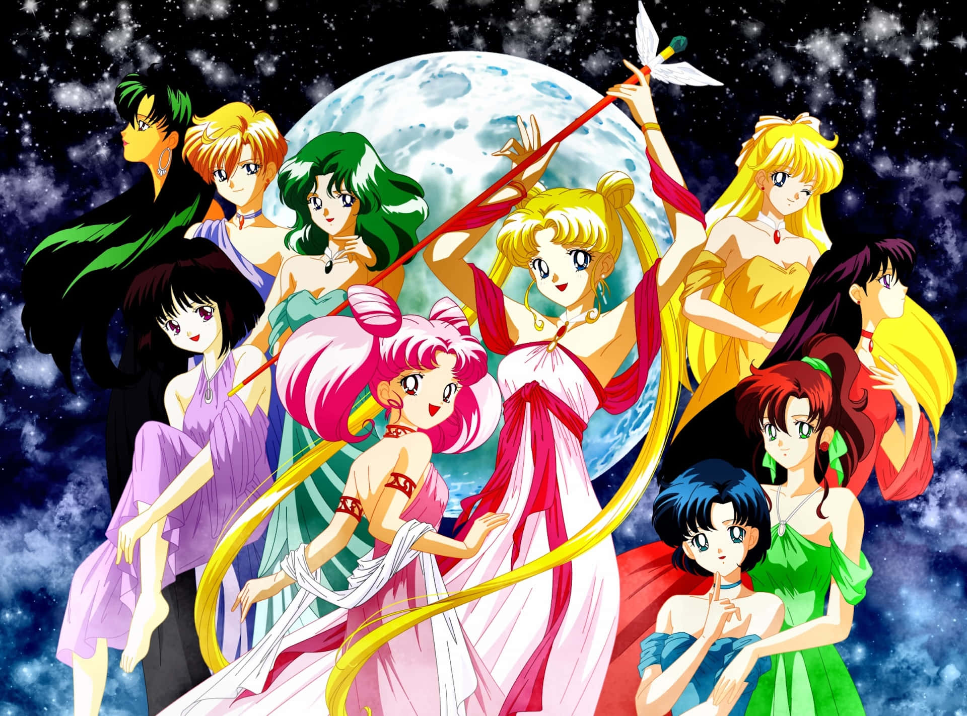 Sailor Moon, group portrait, starry night sky, Full HD Desktop Wallpaper