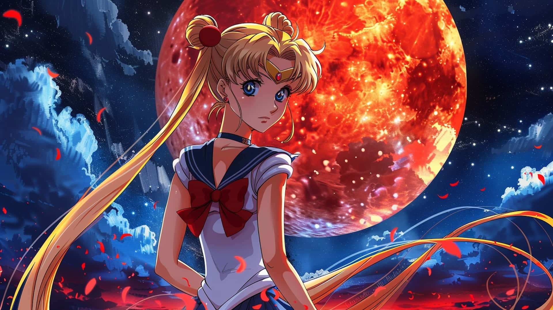 Sailor Moon Cosmic Backdrop, golden pigtails, fiery red moon, Full HD Desktop Wallpaper