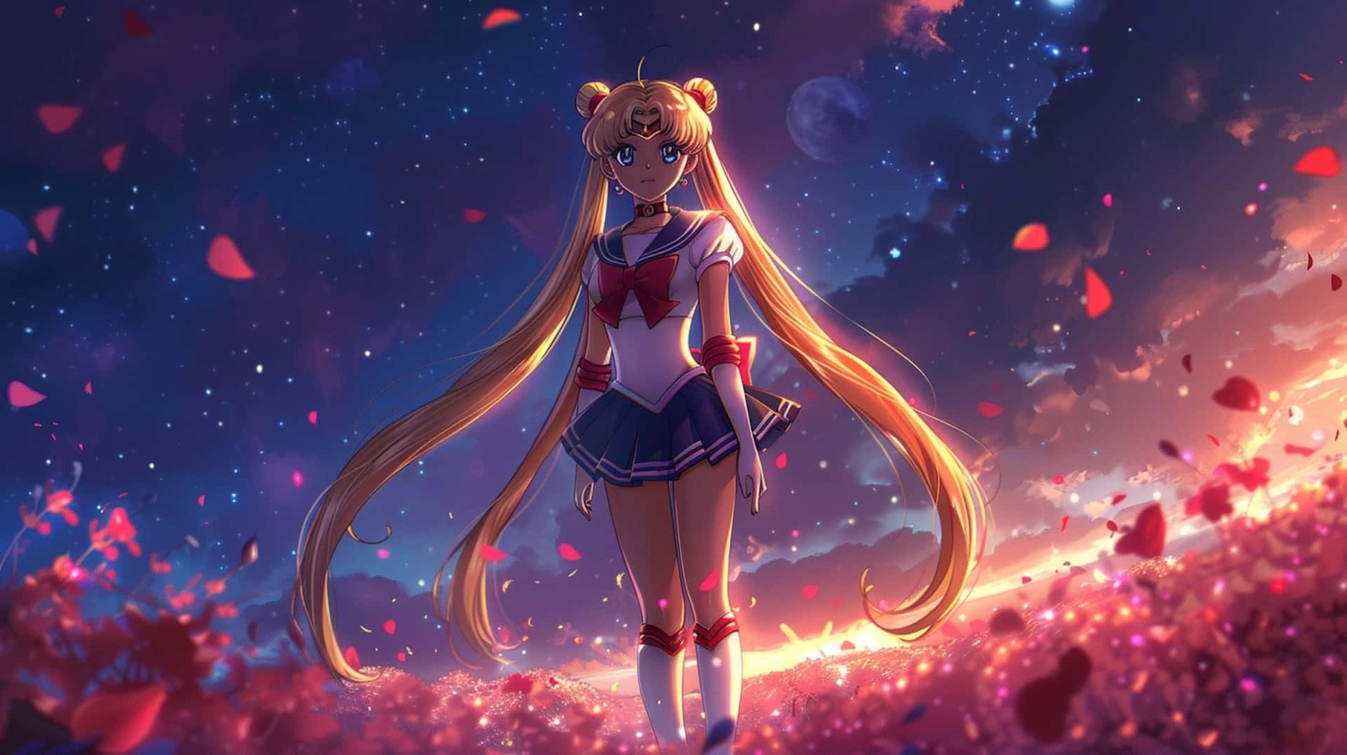 Sailor Moon, starry night, golden hair, Full HD Desktop Wallpaper