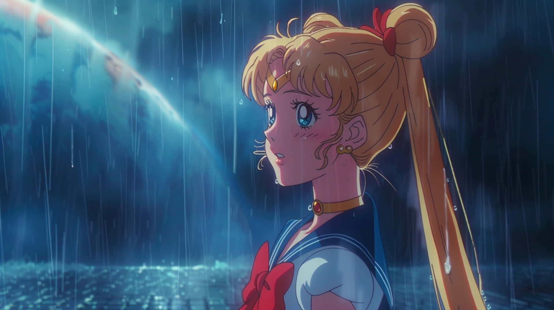 Sailor Moon, rainy night, gloving blue light, Full HD Desktop Wallpaper