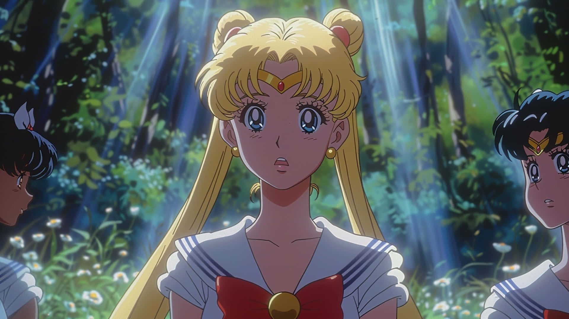 Sailor Moon, forest, daisies, Full HD Desktop Wallpaper