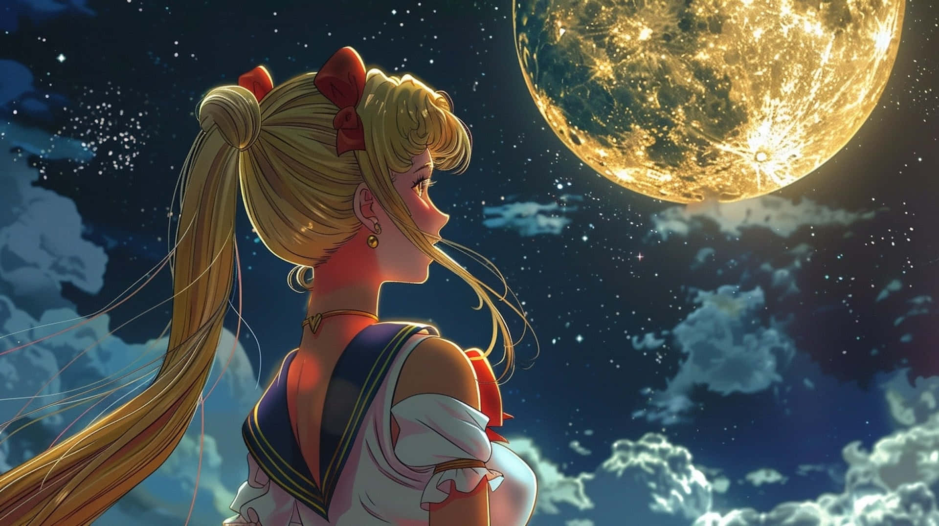Sailor Moon, gazing at the moon, glowing golden moon, Full HD Desktop Wallpaper