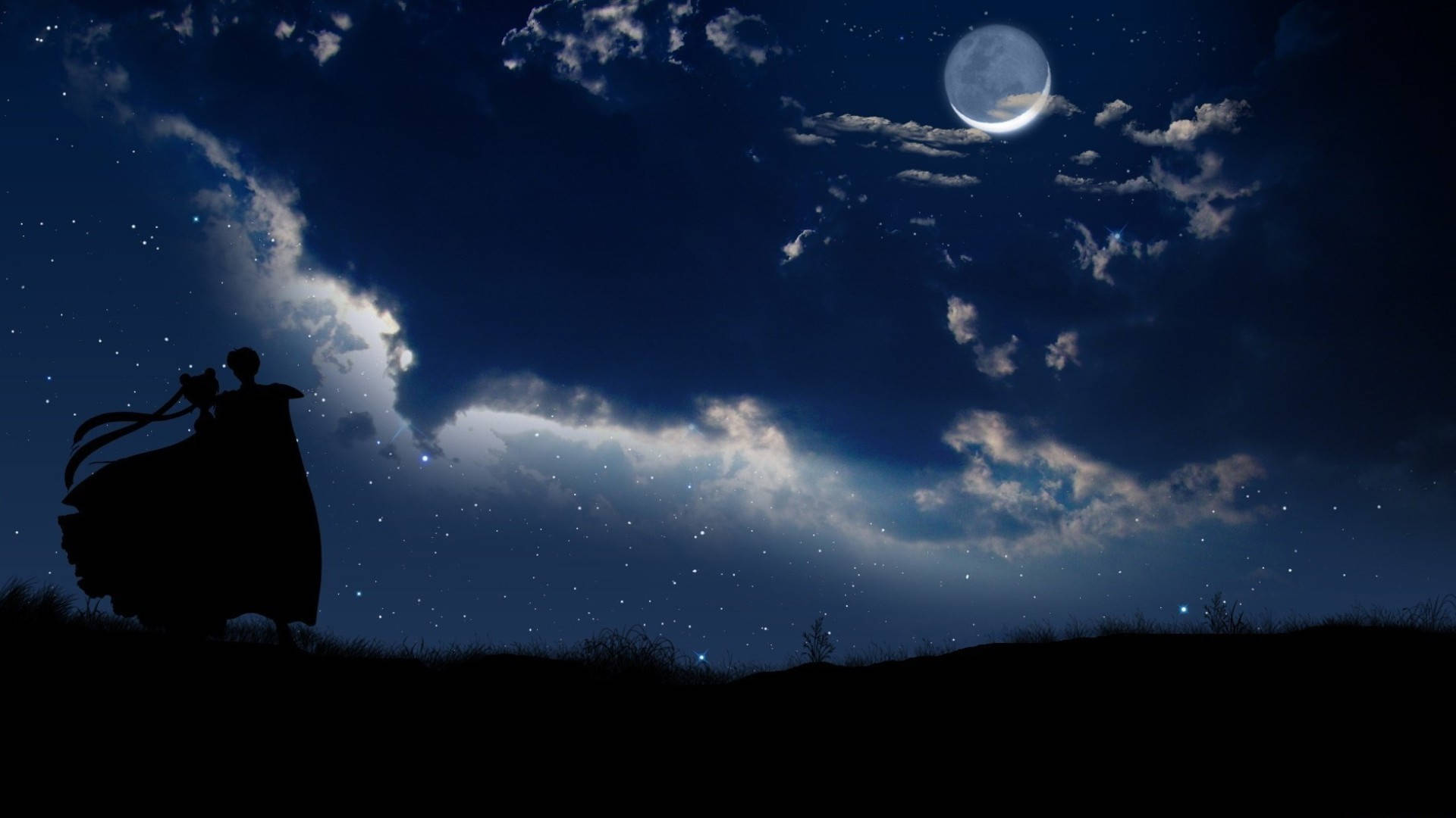 Sailor Moon, silhouette, starry night sky, Full HD Desktop Wallpaper