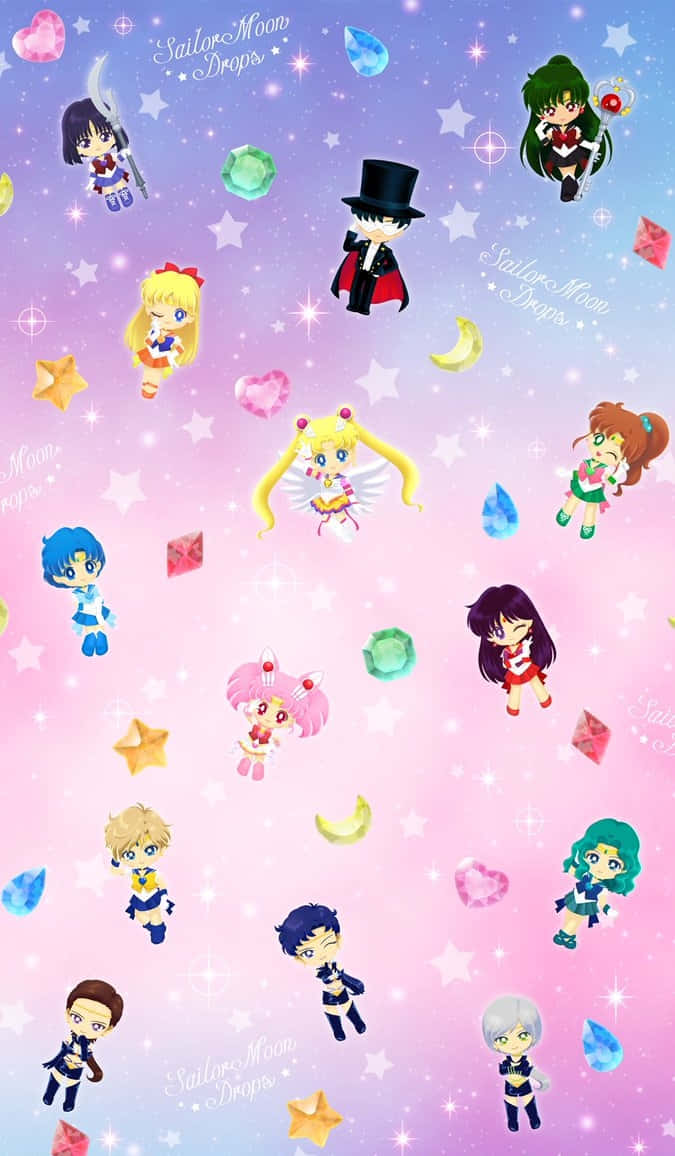 Sailor Moon, chibi anime characters, sparkling stars, SD Phone Wallpaper
