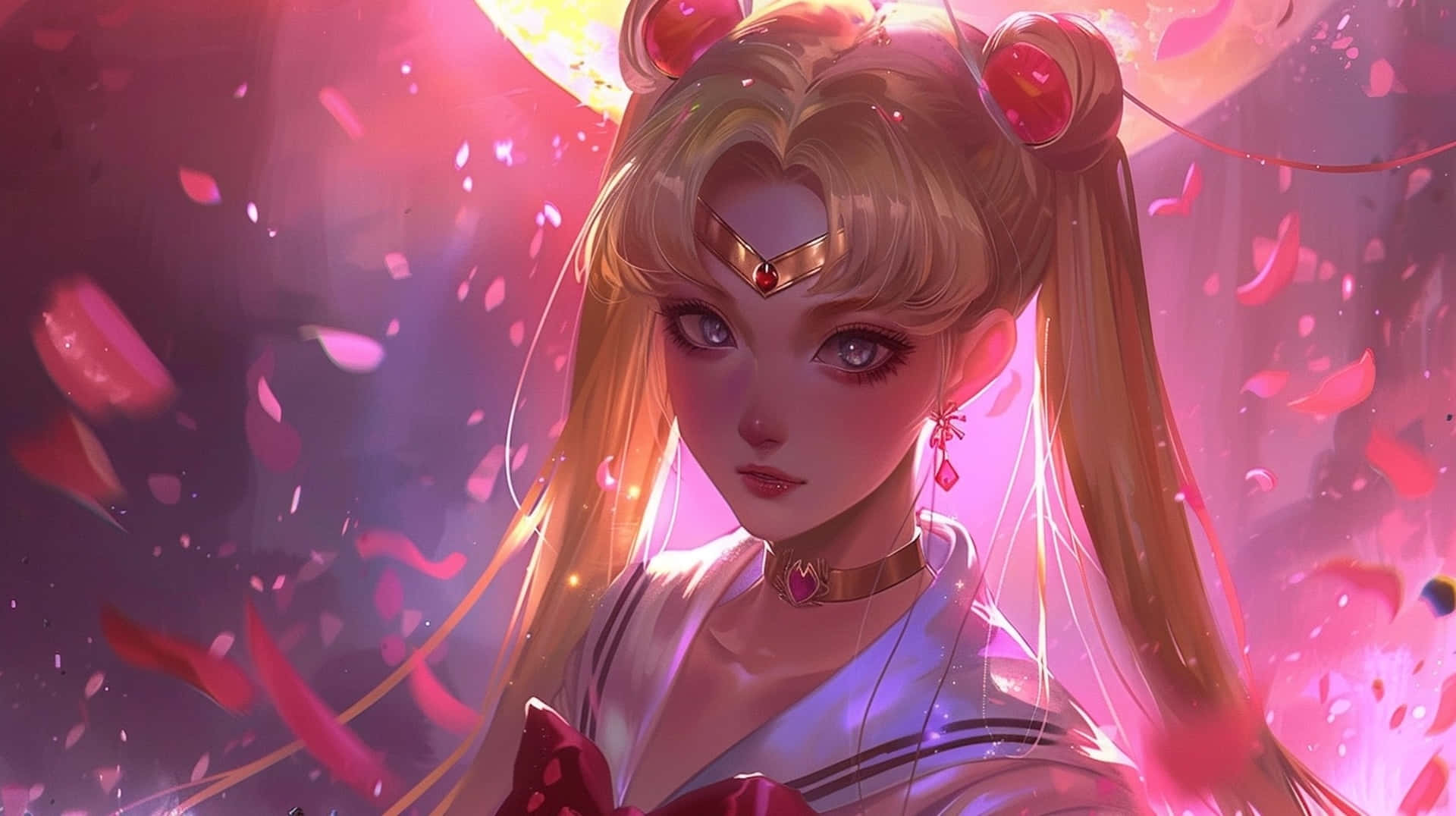 Sailor Moon, blonde pigtails, red gem hair ornaments, Full HD Desktop Wallpaper