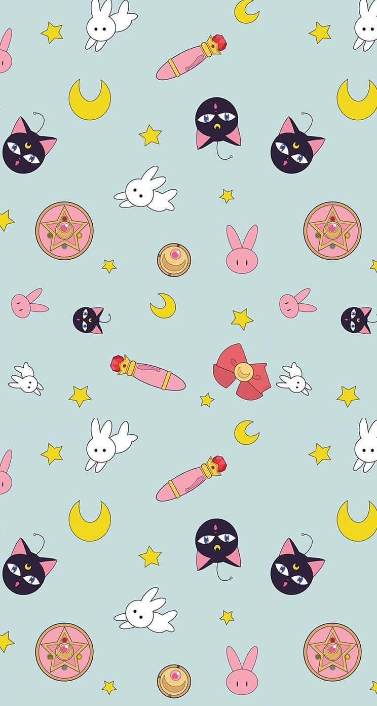 Sailor Moon Pattern, pastel blue, cute cartoon cats, HD Phone Wallpaper
