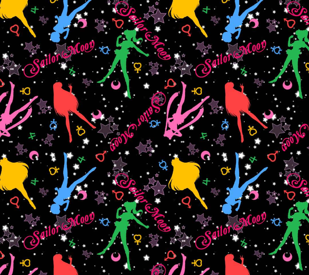 Sailor Moon, neon colors, starry black background, SD Desktop Wallpaper